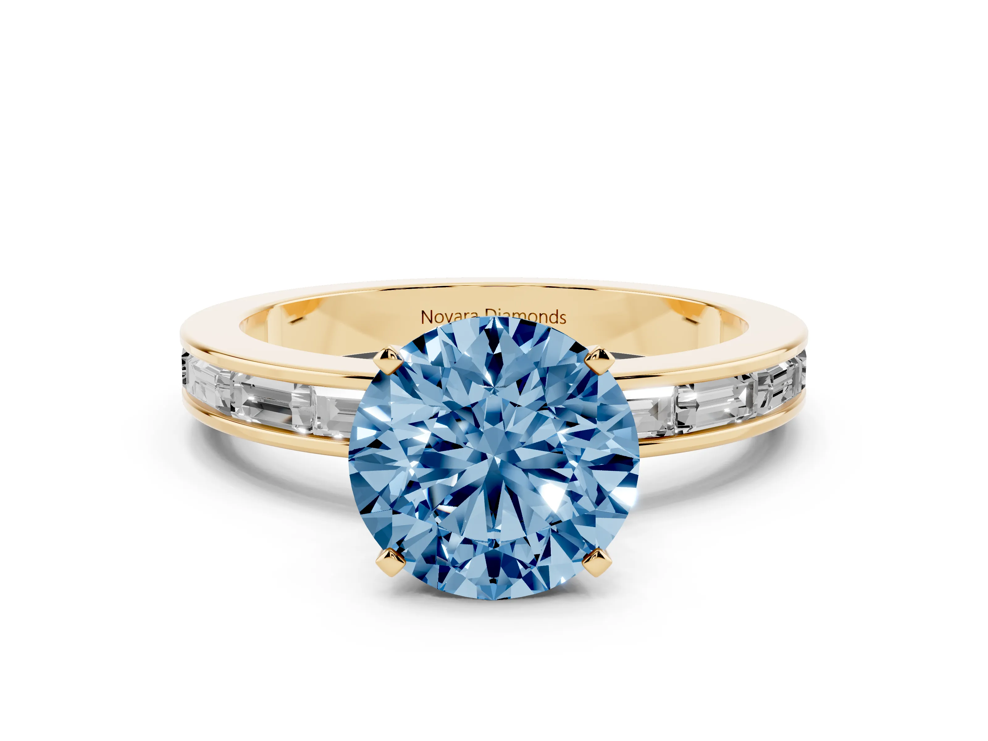 Fancy Blue Round Cut Diamond Solitaire Ring Set in Yellow gold with Channel-Set Baguette Band and Prong Setting