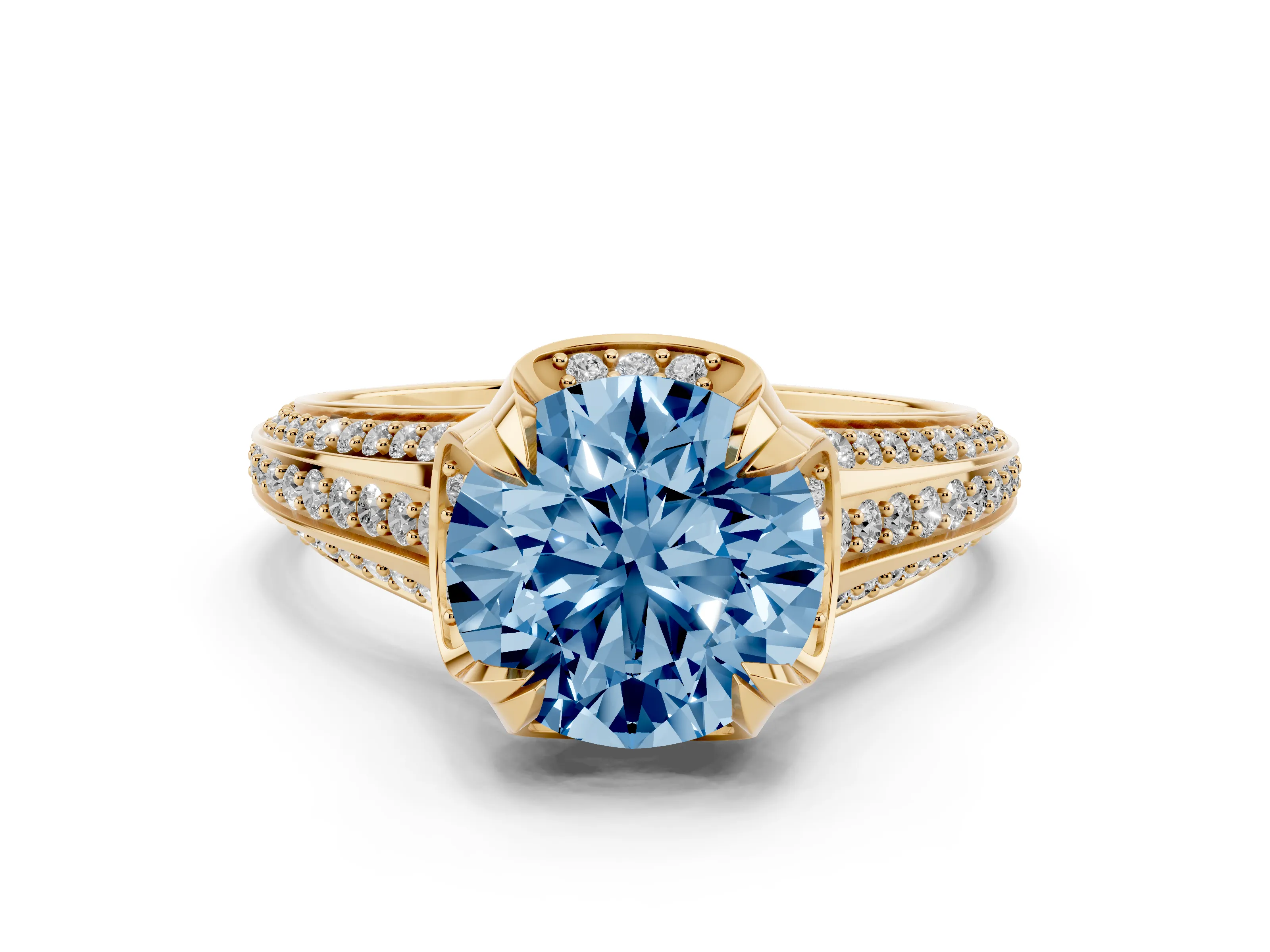 Fancy Blue Round Cut Diamond Pavé Split Shank Solitaire Ring Set in Yellow gold with Prong Setting