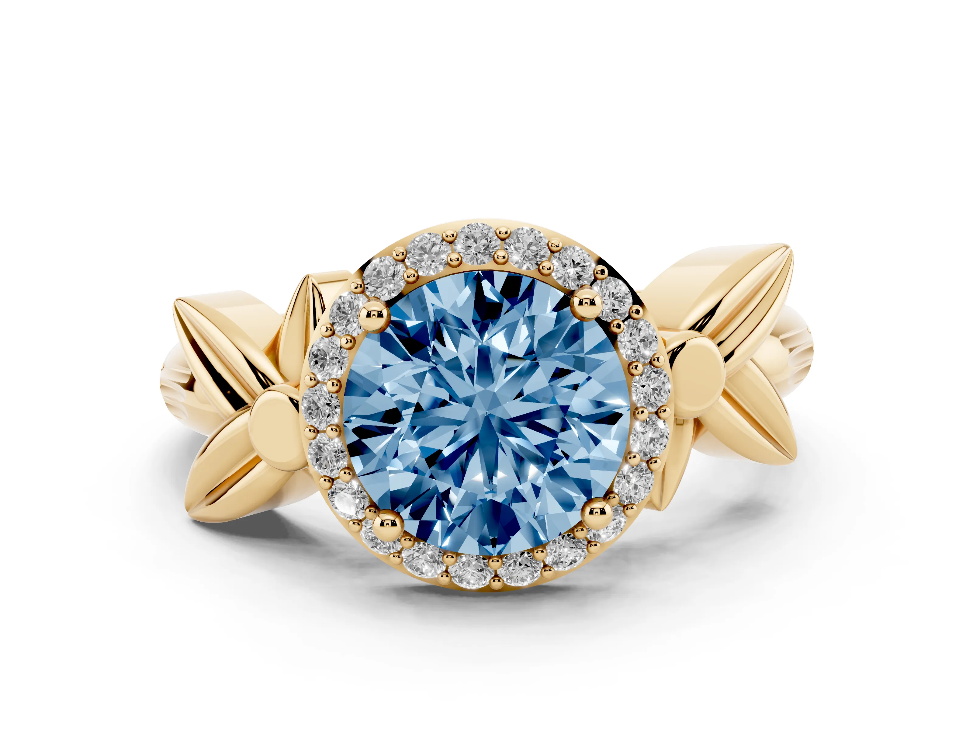 Fancy Blue Round Cut Diamond Halo Floral Band Ring Set in Yellow gold with Prong Setting