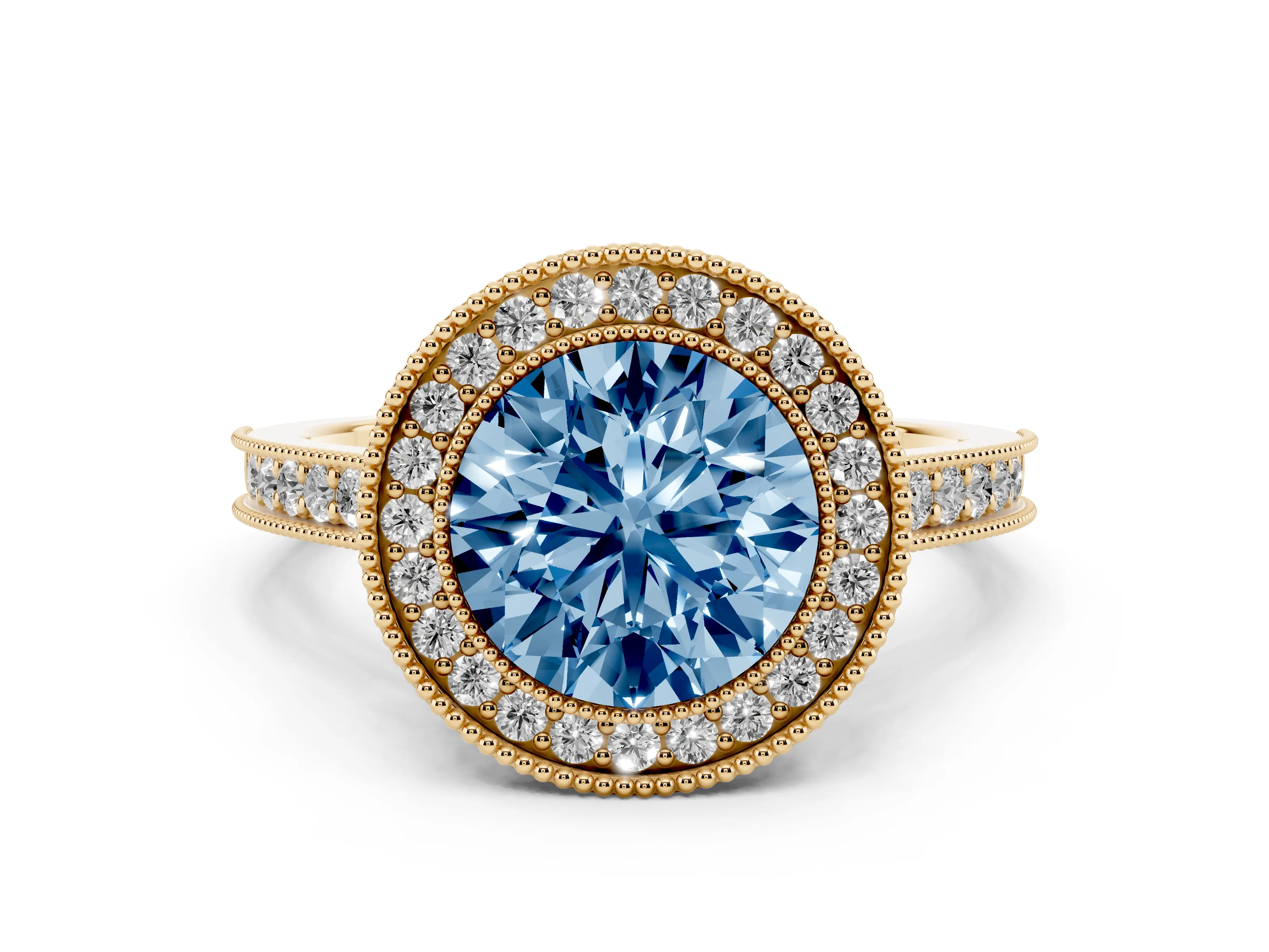 Fancy Blue Round Cut Diamond Halo Milgrain Pavé Band Ring Set in Yellow gold with Prong Setting
