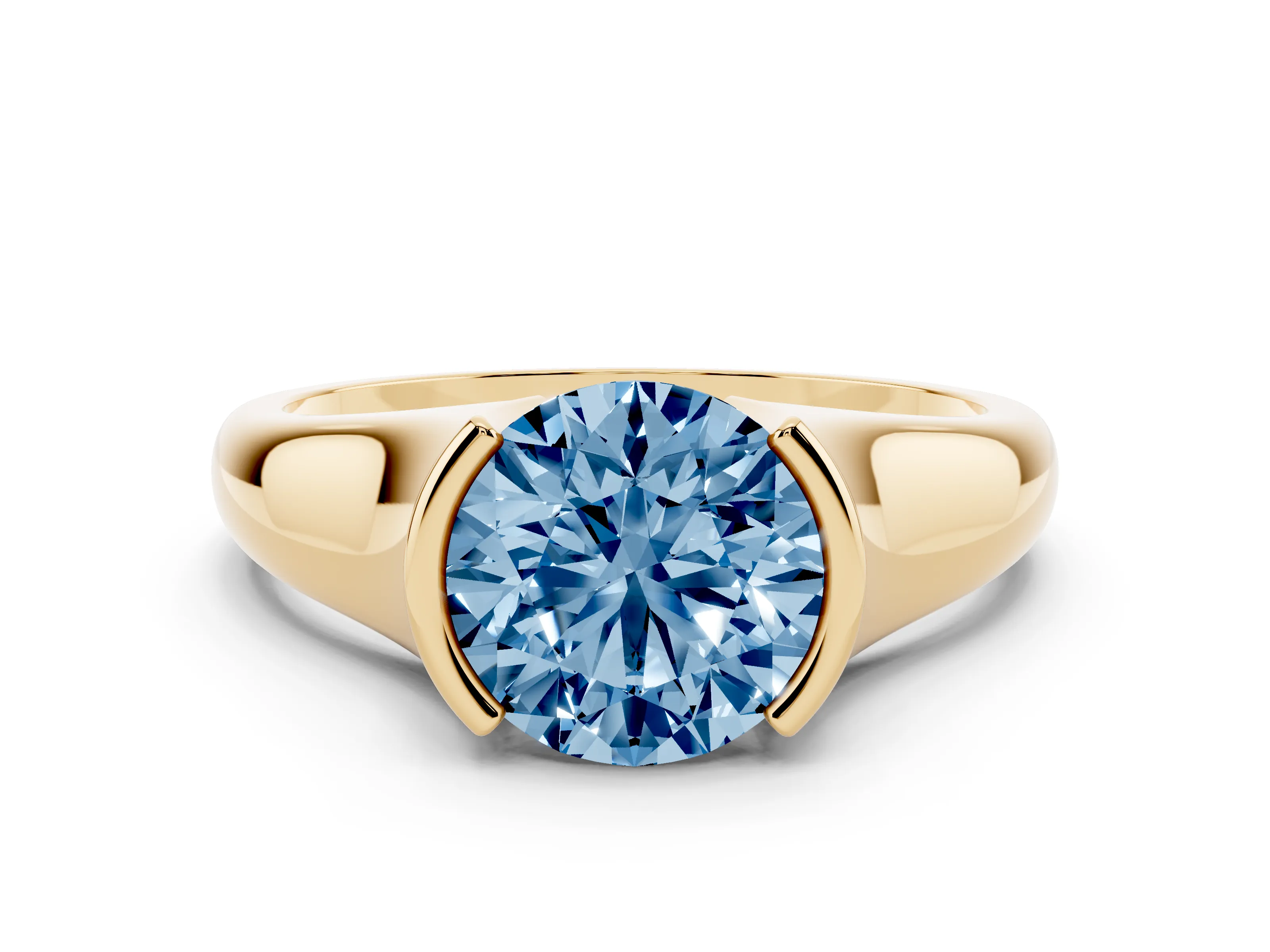 Fancy Blue Round Cut Diamond Solitaire Tension Set Ring Set in Yellow gold with Split Shank Band