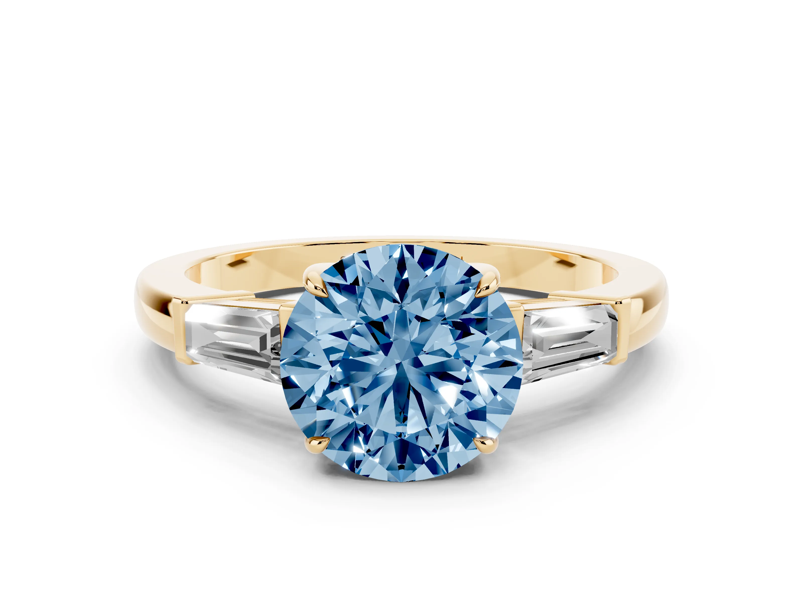 Fancy Blue Round Cut Diamond Three-Stone Ring Set in Yellow gold with Tapered Baguette Side Stones and Prong Setting