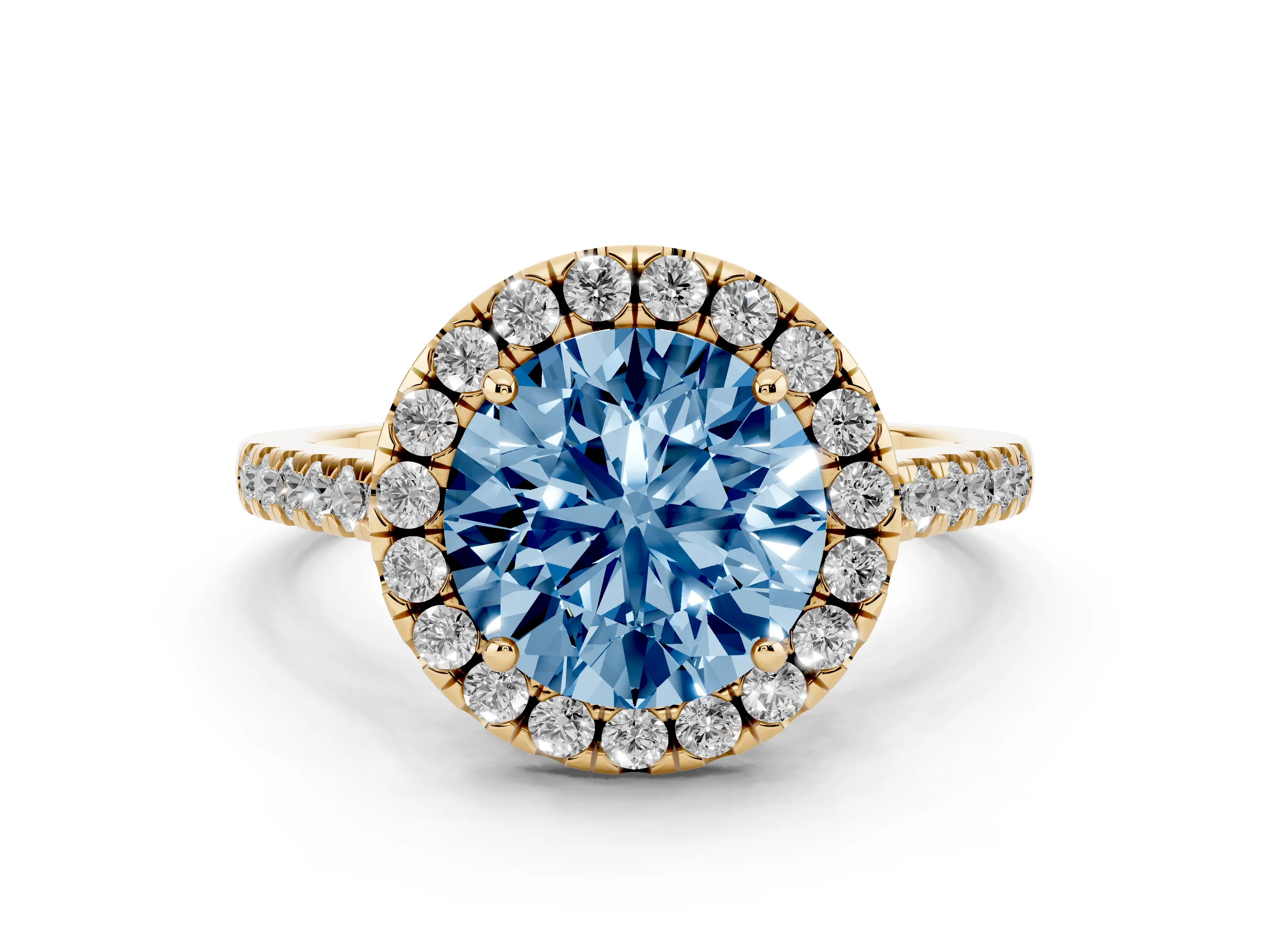 Fancy Blue Round Cut Diamond Pavé Halo Engagement Ring Set in Yellow gold with Pavé Band and Prong Setting