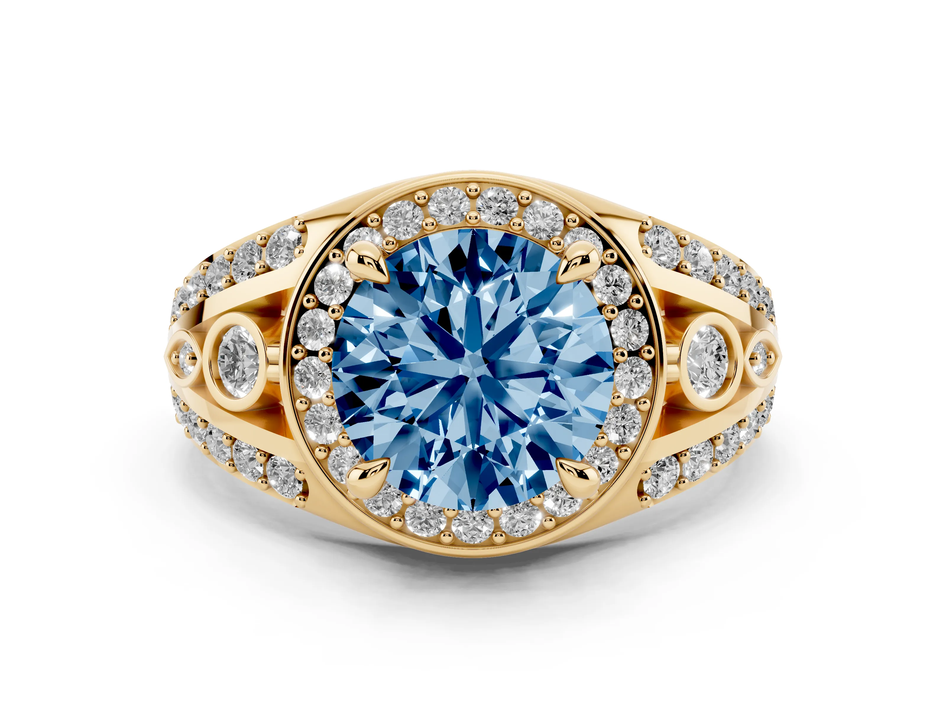 Fancy Blue Round Cut Diamond Halo Ring Set in Yellow gold with Pavé Split Shank and Bezel Accents