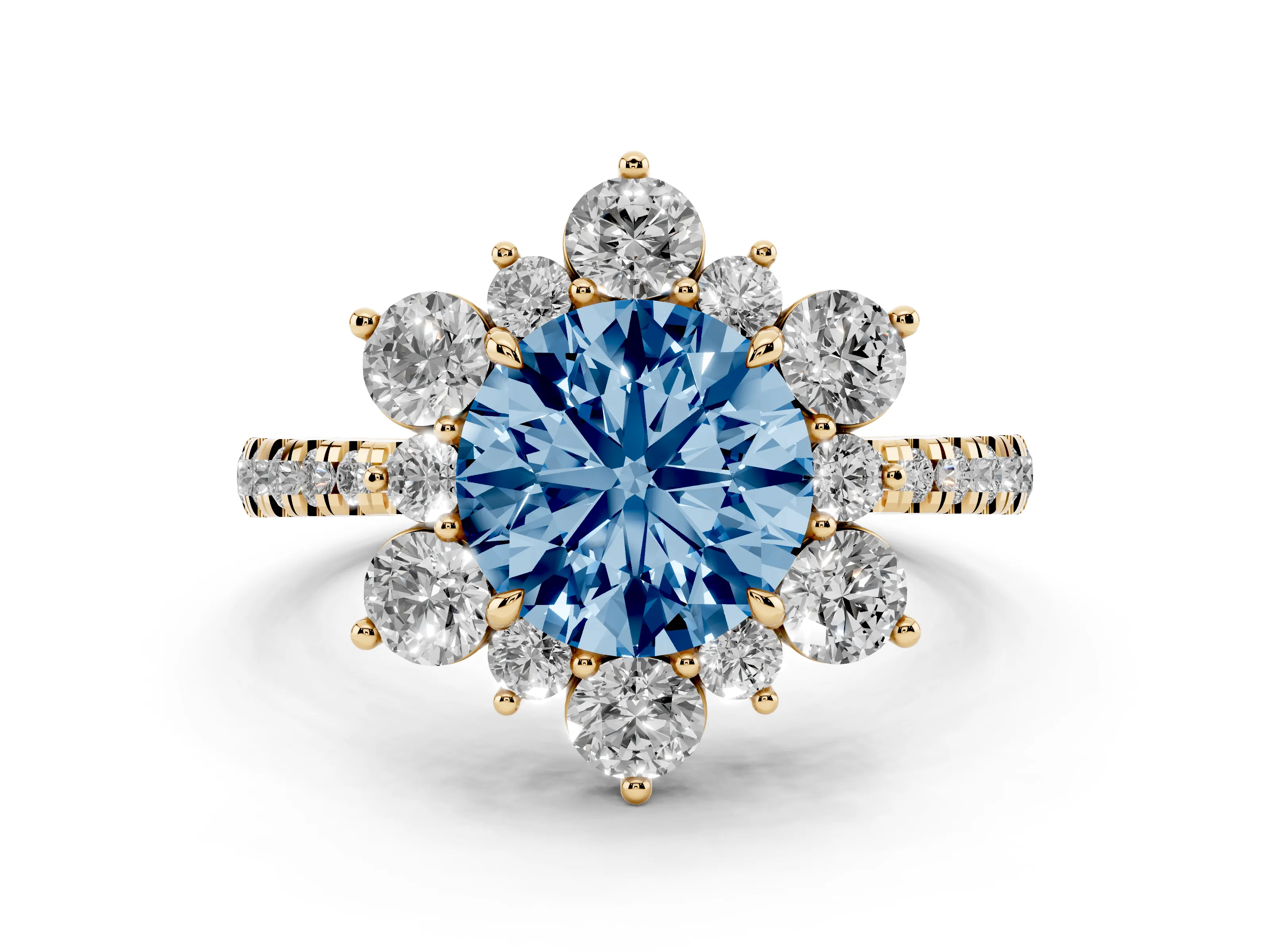 Fancy Blue Round Cut Diamond Floral Halo Ring Set in Yellow gold with Round Pavé Band and Prong Setting