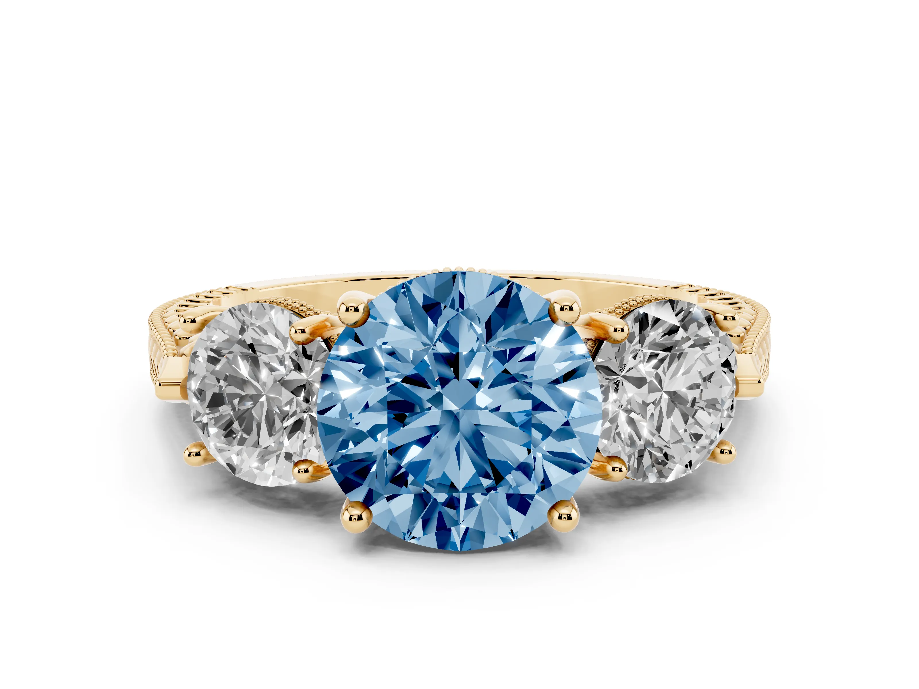 Fancy Blue Round Cut Diamond Three-Stone Ring Set in Yellow gold with Milgrain Band