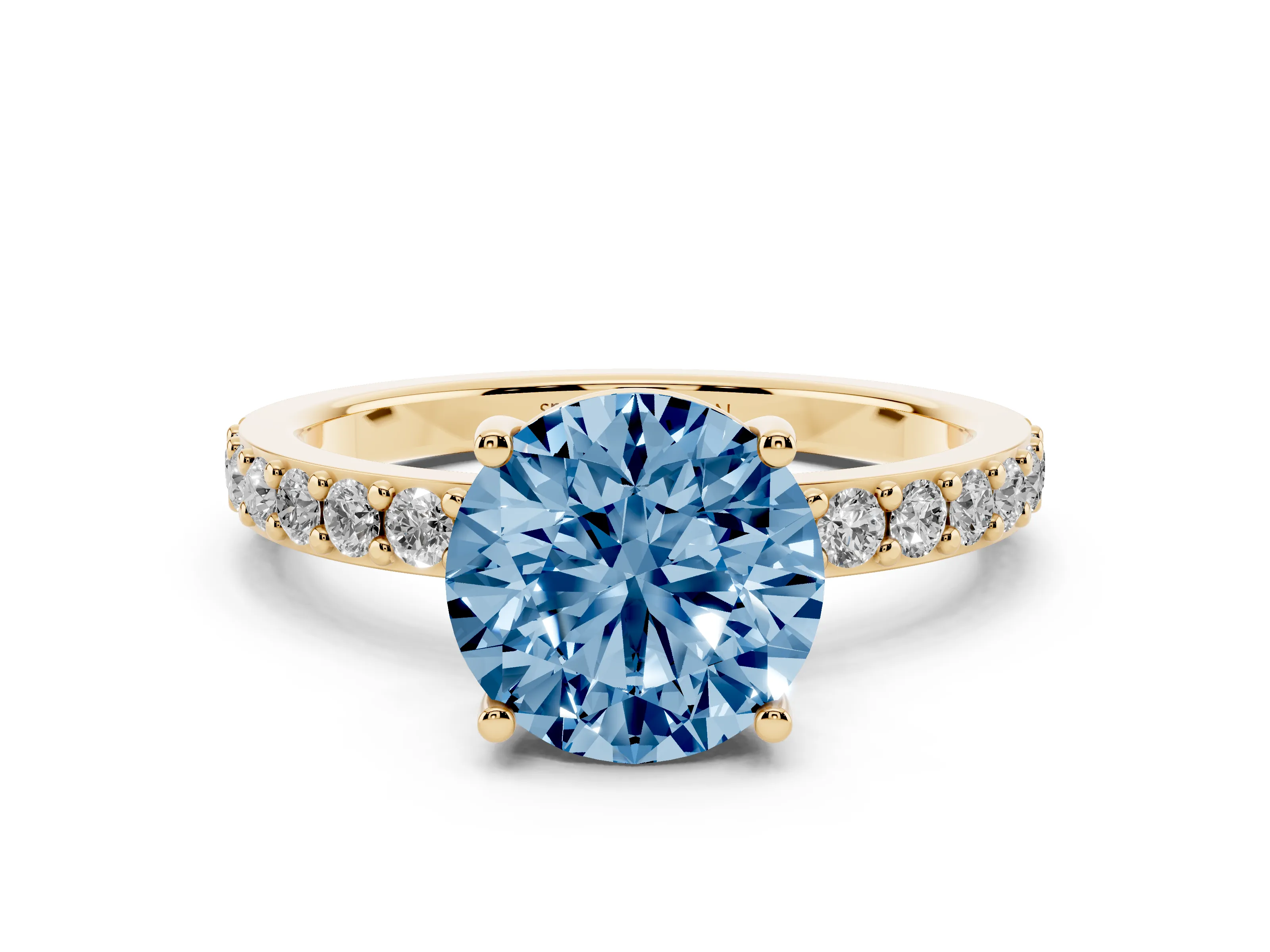 Fancy Blue Round Cut Diamond Solitaire Set in Yellow gold with Round Pavé Band and Prong Setting