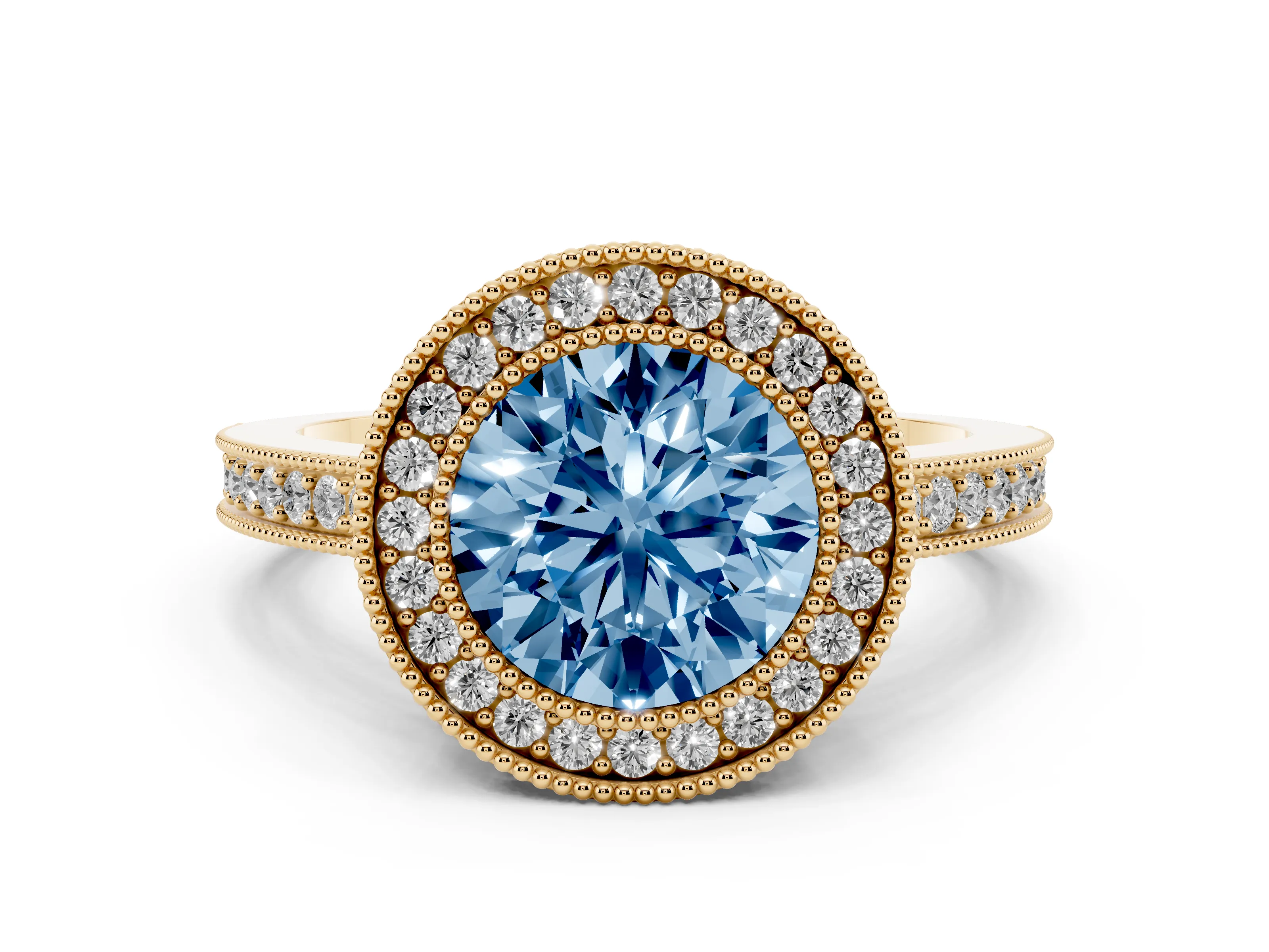 Fancy Blue Round Cut Diamond Round Halo Ring Set in Yellow gold with Pavé Band