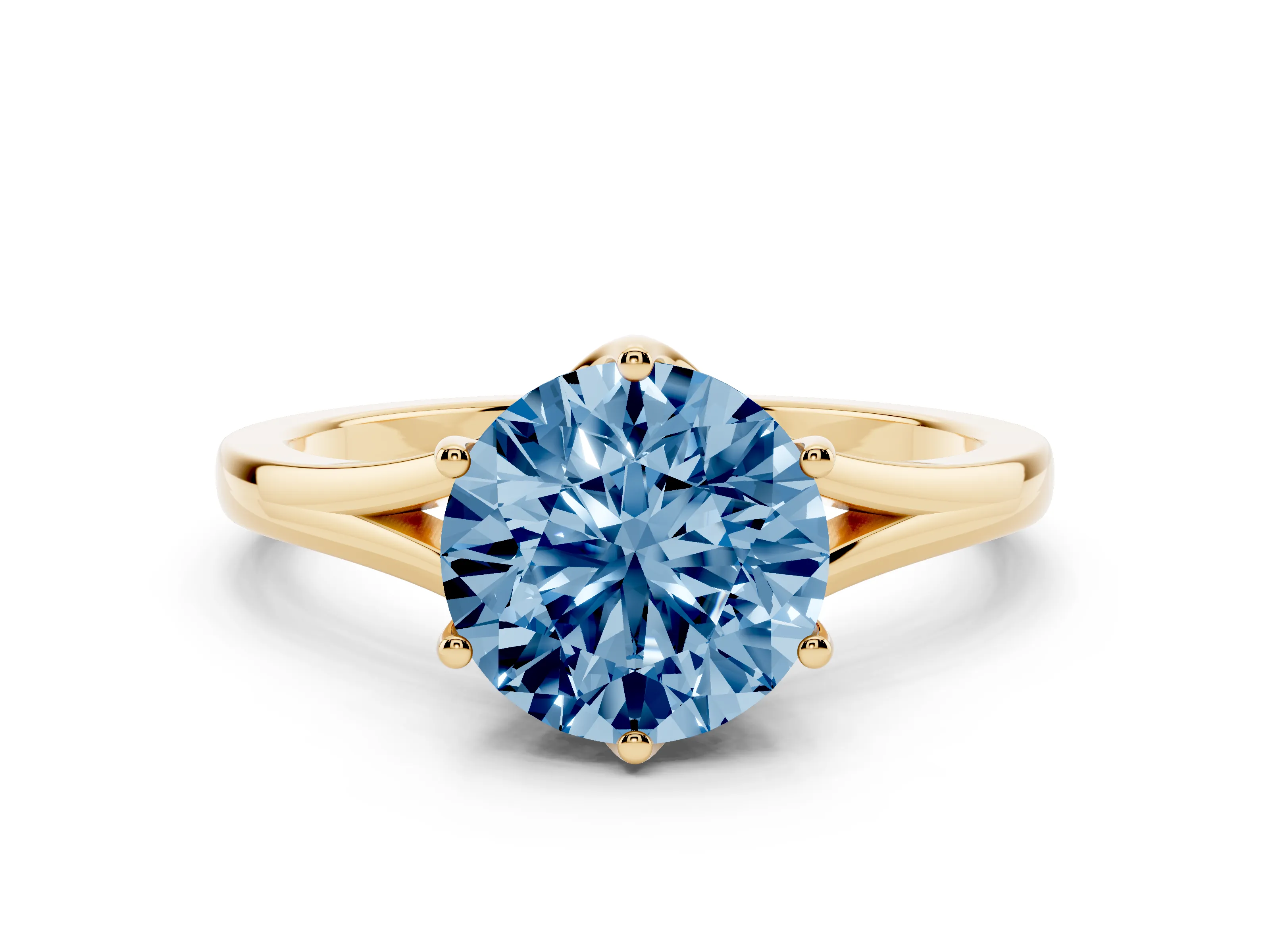 Fancy Blue Round Cut Diamond Solitaire Ring Set in Yellow gold with Polished Tapered Band and Prong Setting