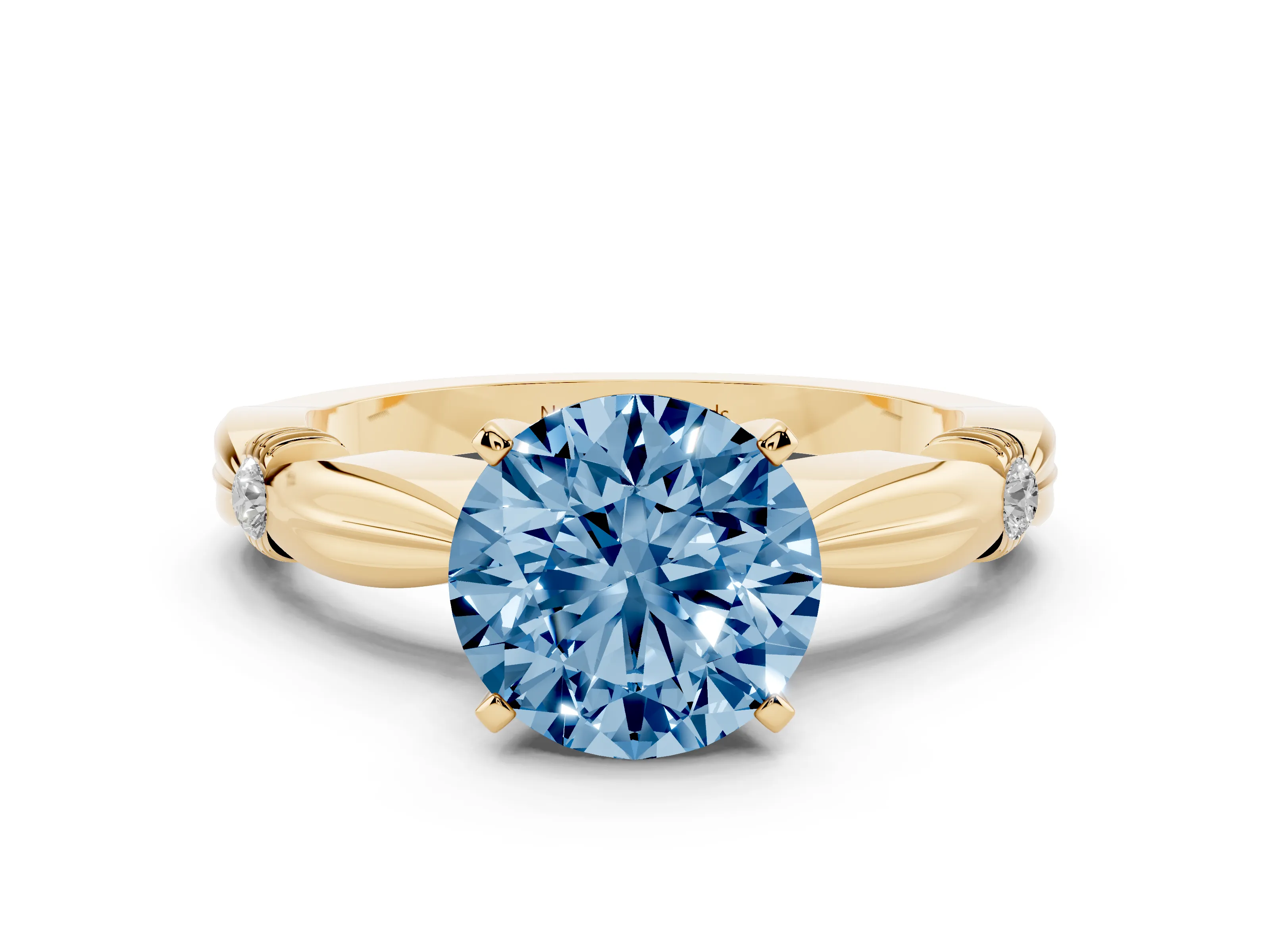 Fancy Blue Round Cut Diamond Solitaire Twisted Band Ring Set in Yellow gold with Accent Stones and Prong Setting