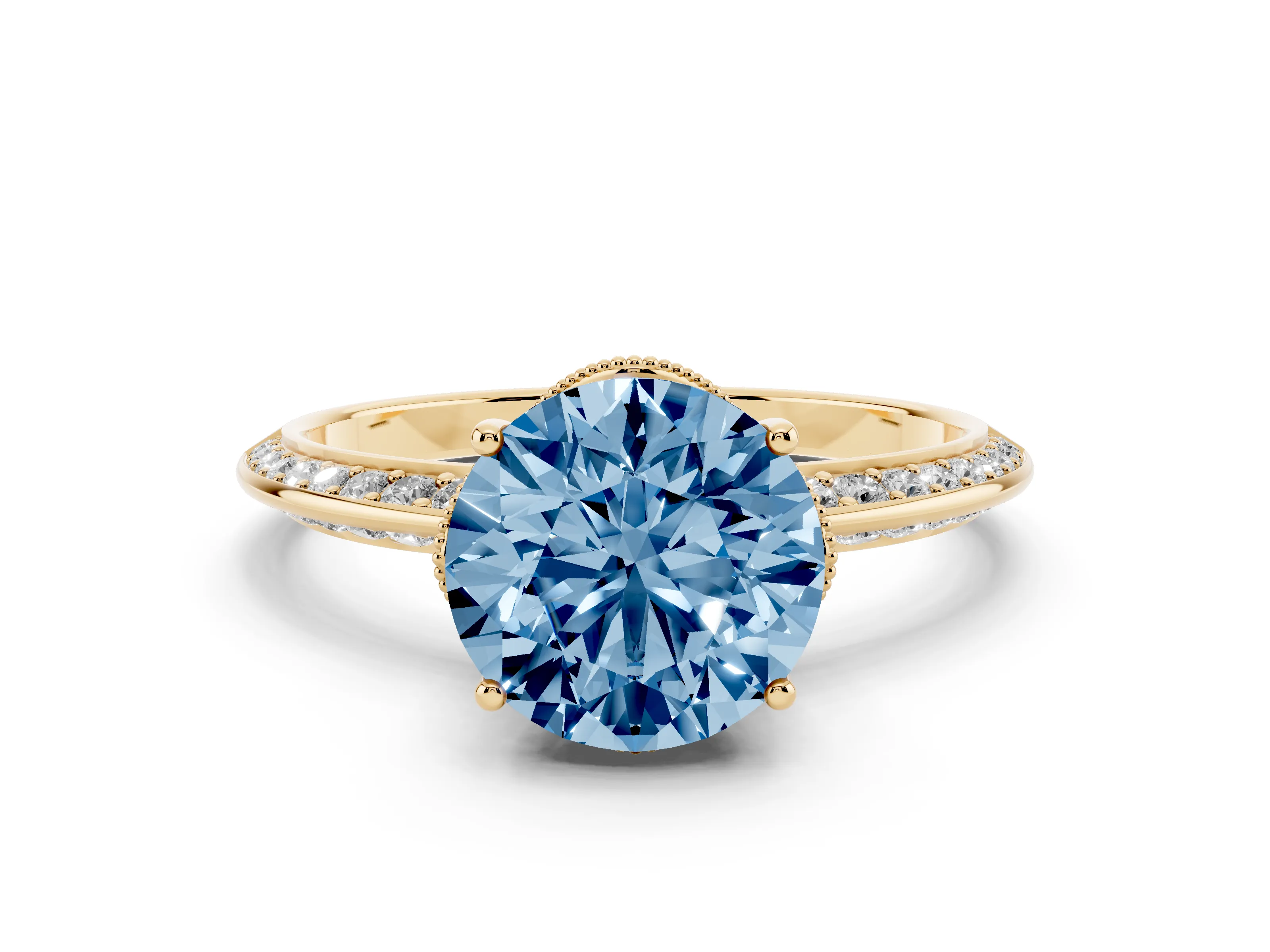 Fancy Blue Round Cut Diamond Solitaire Engagement Ring Set in Yellow gold with Pavé Split Shank and Prong Setting