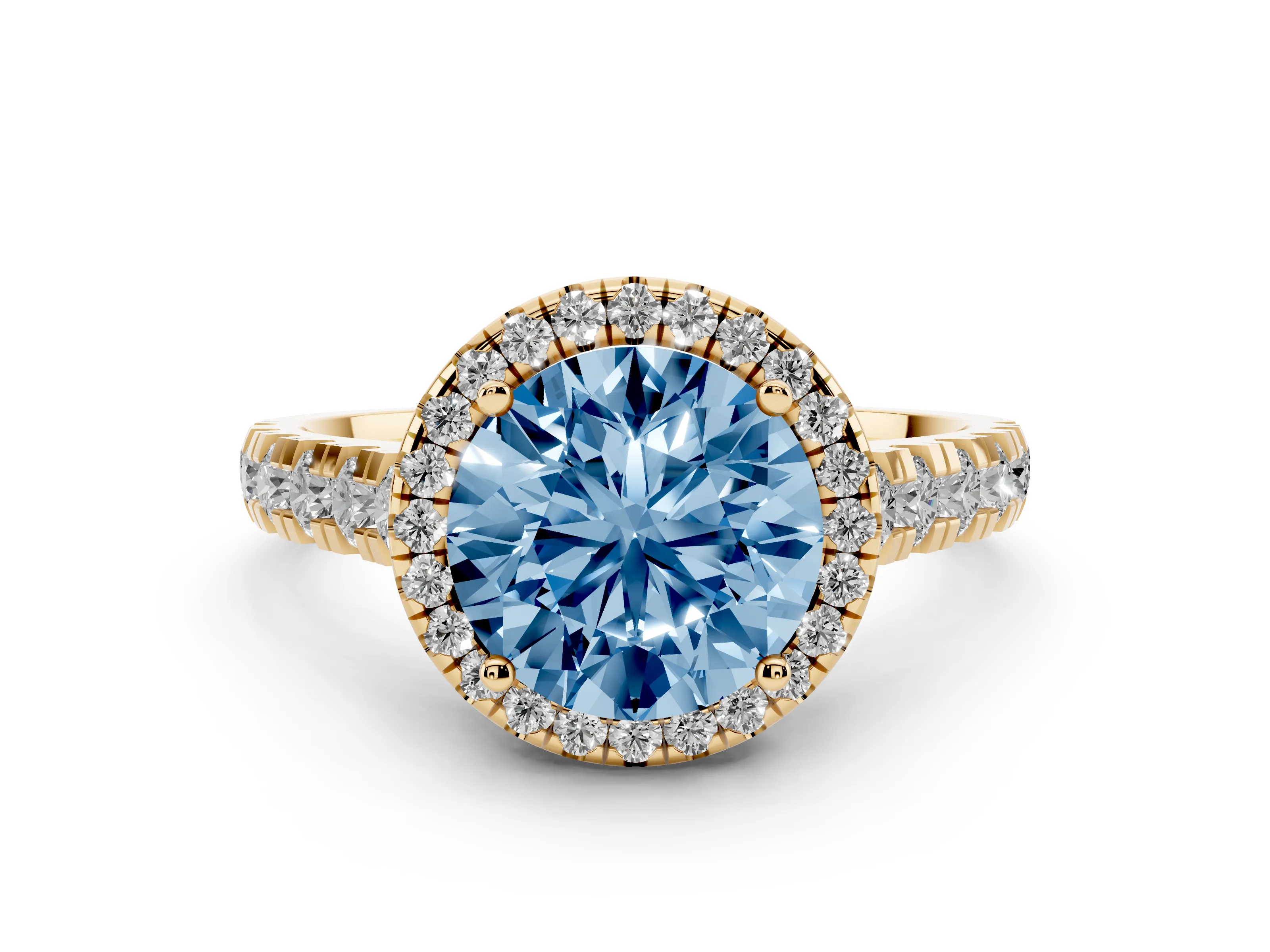 Fancy Blue Round Cut Diamond Halo Engagement Ring Set in Yellow gold with Pavé Band and Prong-Set Center