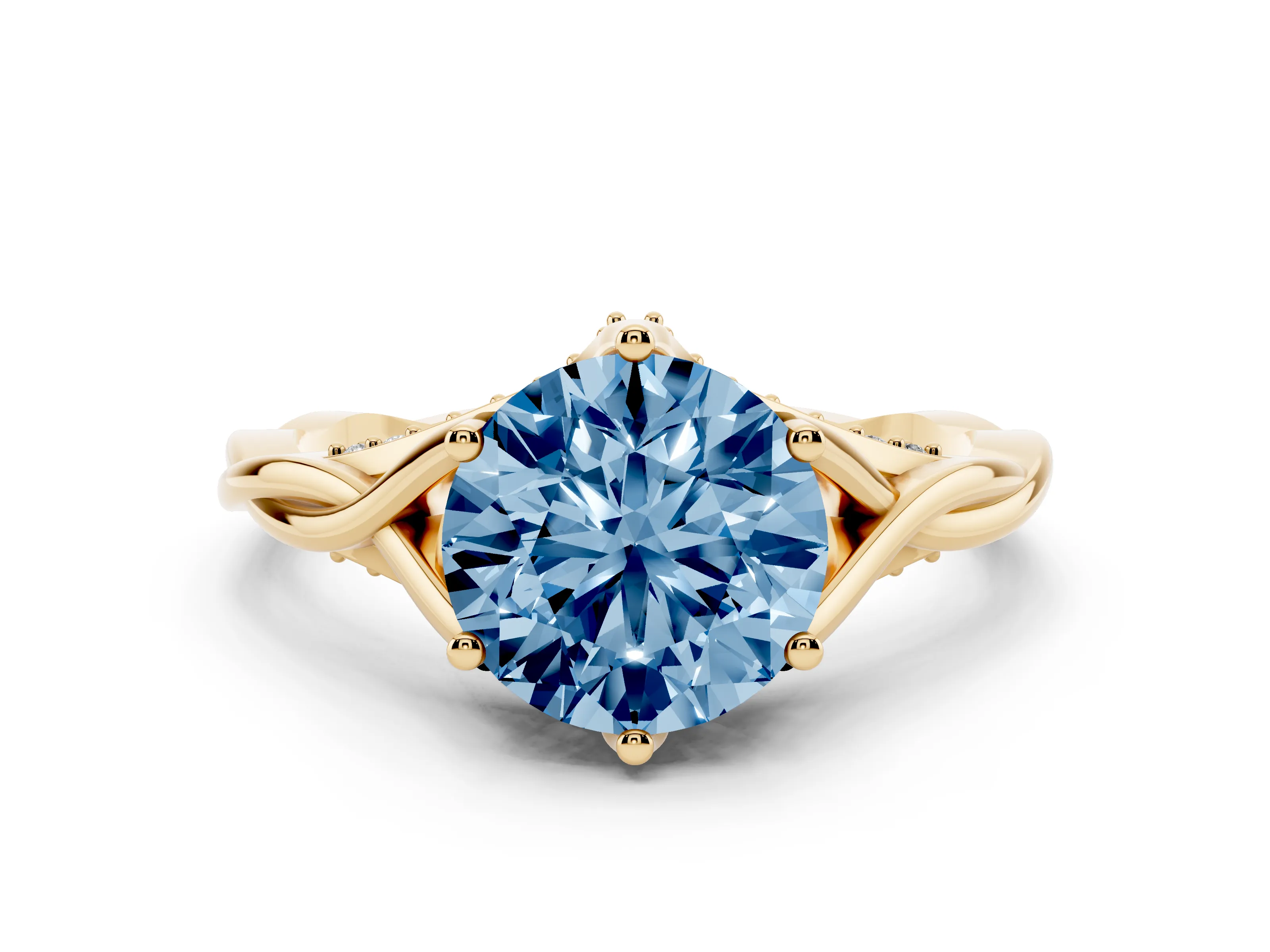 Fancy Blue Round Cut Diamond Intertwined Twist Band Solitaire Ring Set in Yellow gold with Prong Setting