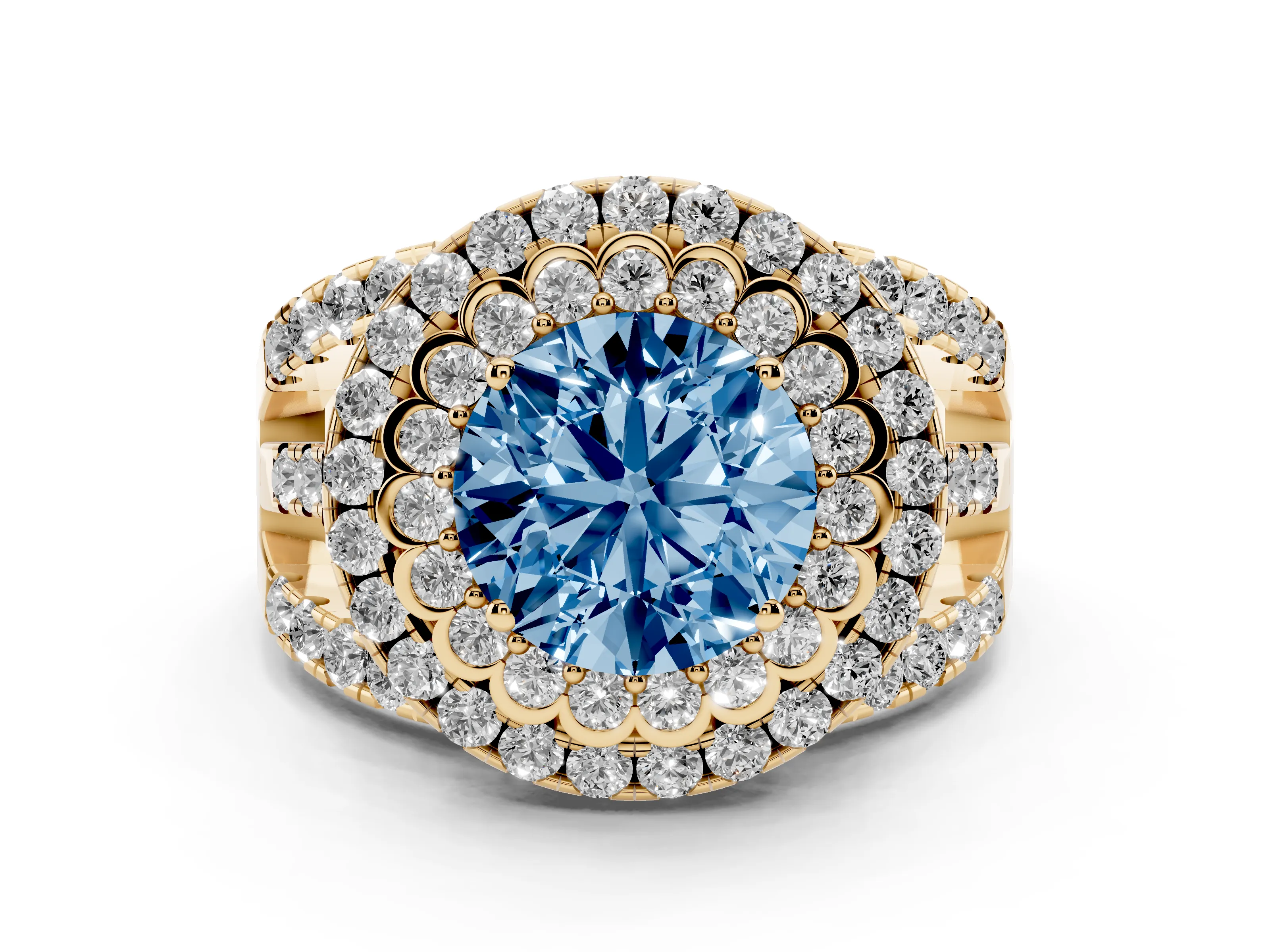 Fancy Blue Round Cut Diamond Double Halo Ring Set in Yellow gold with Round Pavé Split Shank