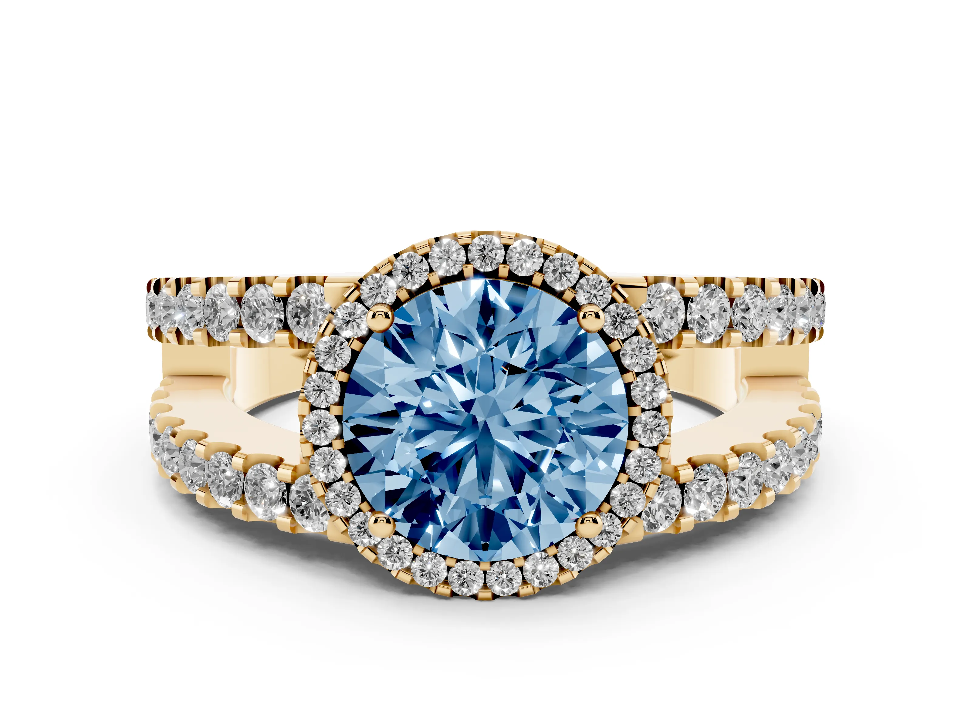 Fancy Blue Round Cut Diamond Halo Ring Set in Yellow gold with Pavé Split Shank and Prong Setting