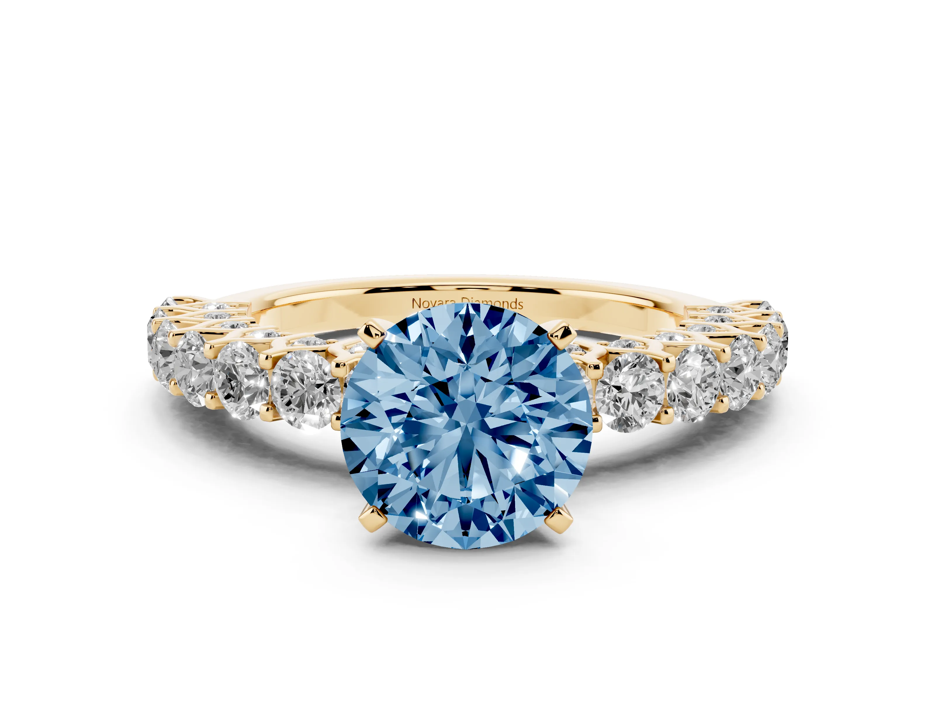 Fancy Blue Round Cut Diamond Solitaire Ring Set in Yellow gold with Shared Prong Pavé Band