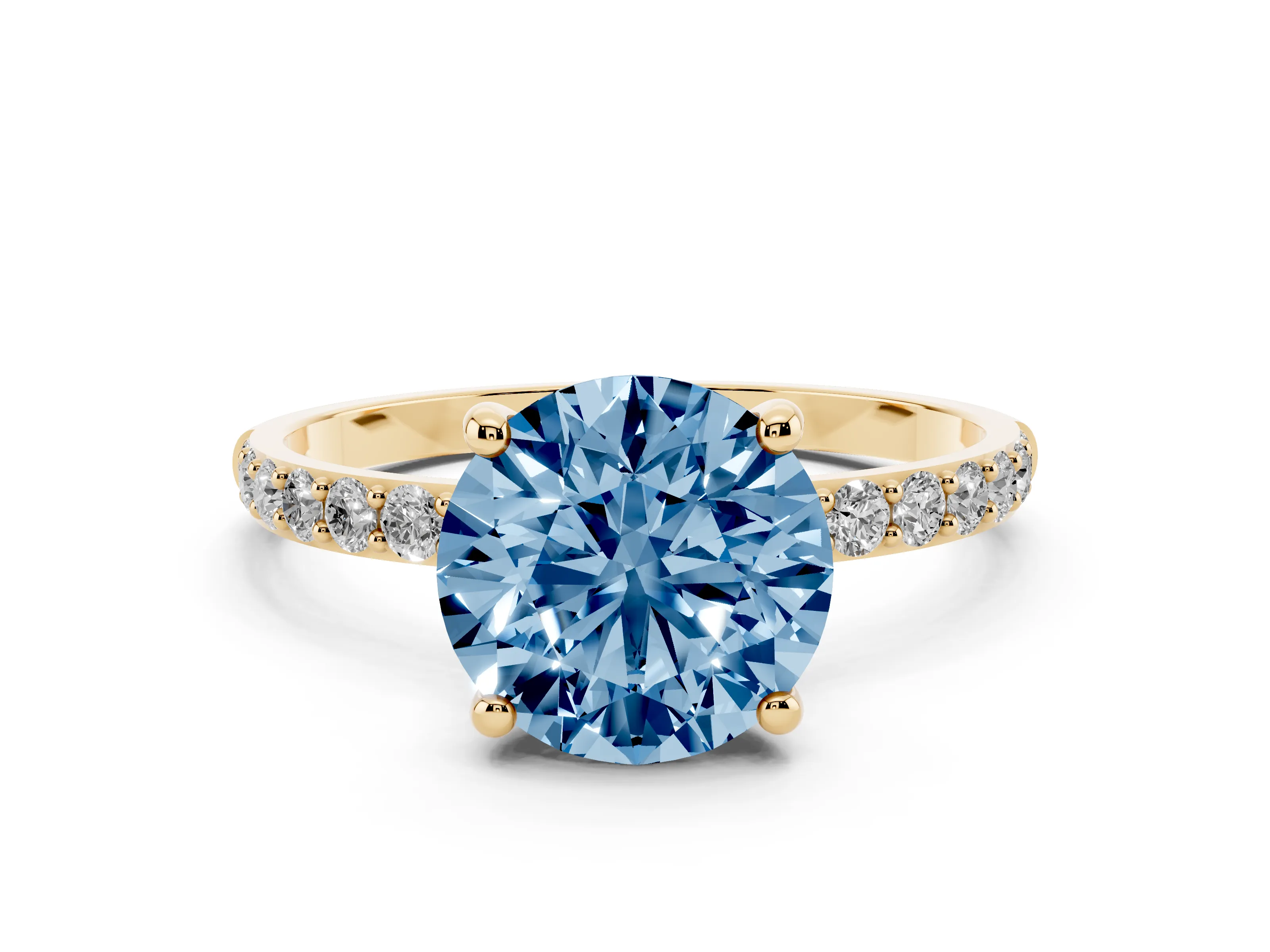 Fancy Blue Round Cut Diamond Solitaire Ring Set in Yellow gold with Round Pavé Band and Prong Setting