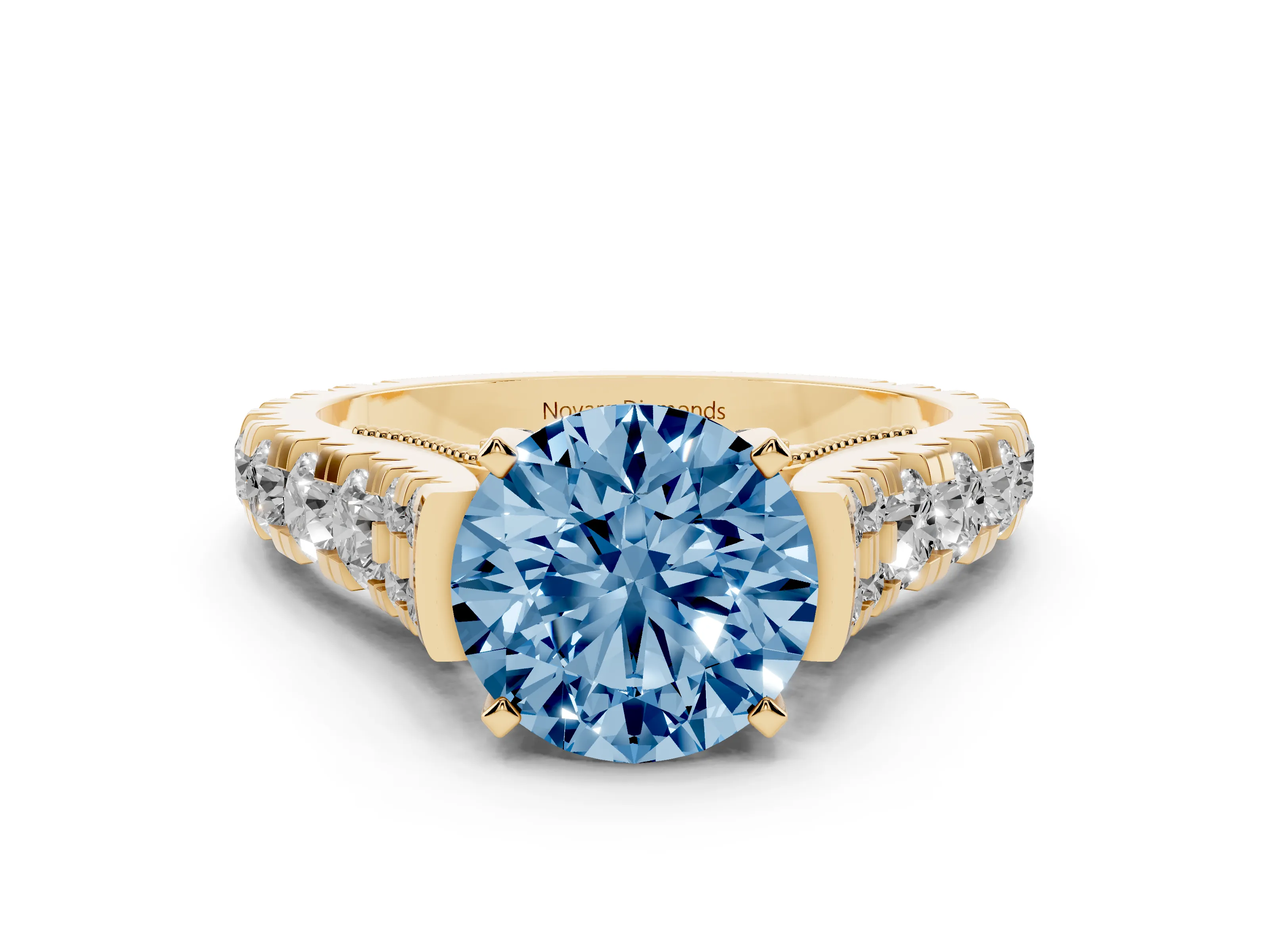 Fancy Blue Round Cut Diamond Classic Solitaire Ring Set in Yellow gold with Pavé Band and Prong Setting
