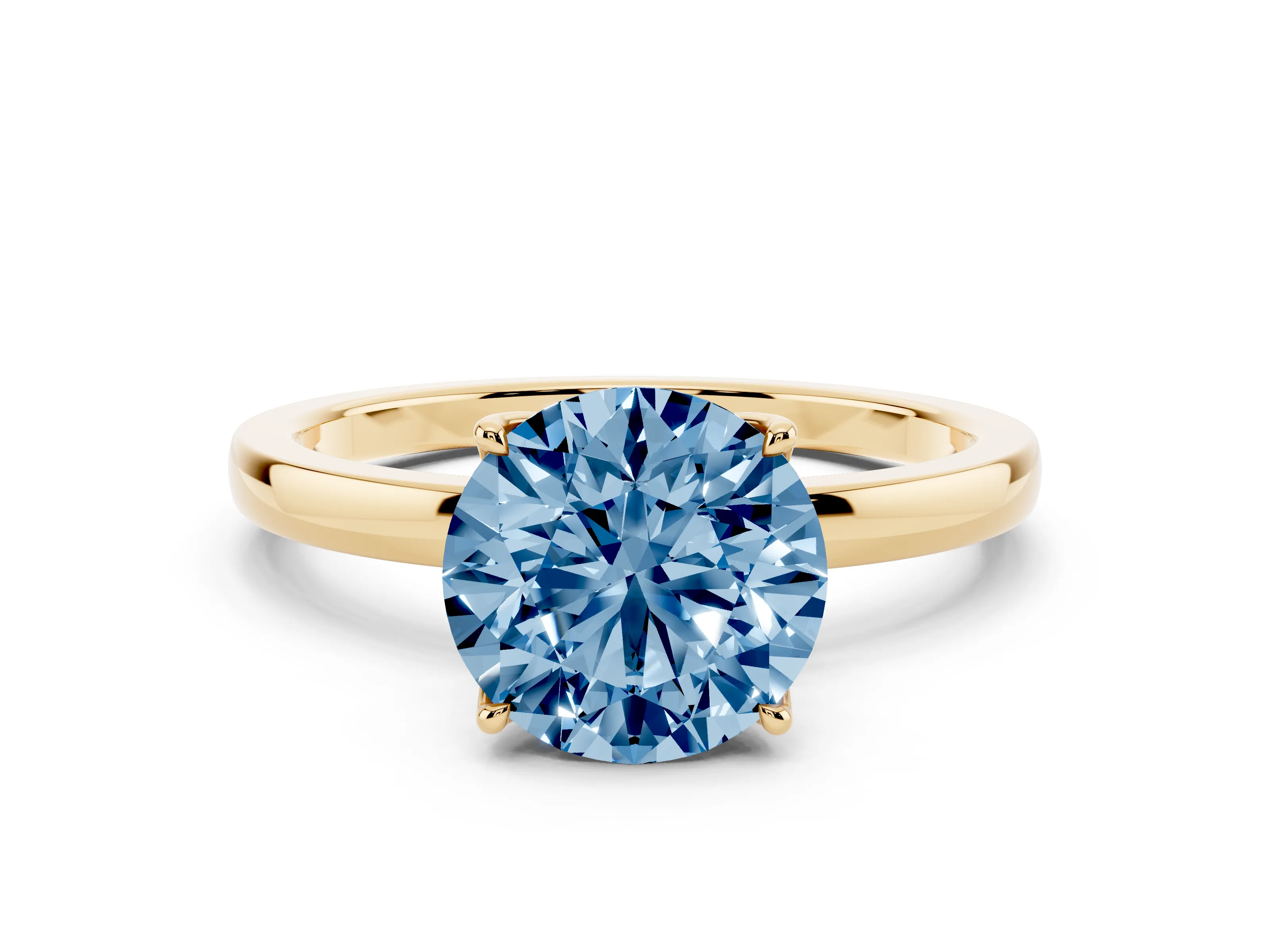 Fancy Blue Round Cut Diamond Solitaire Ring Set in Yellow gold with Prong Setting and Thin Polished Band