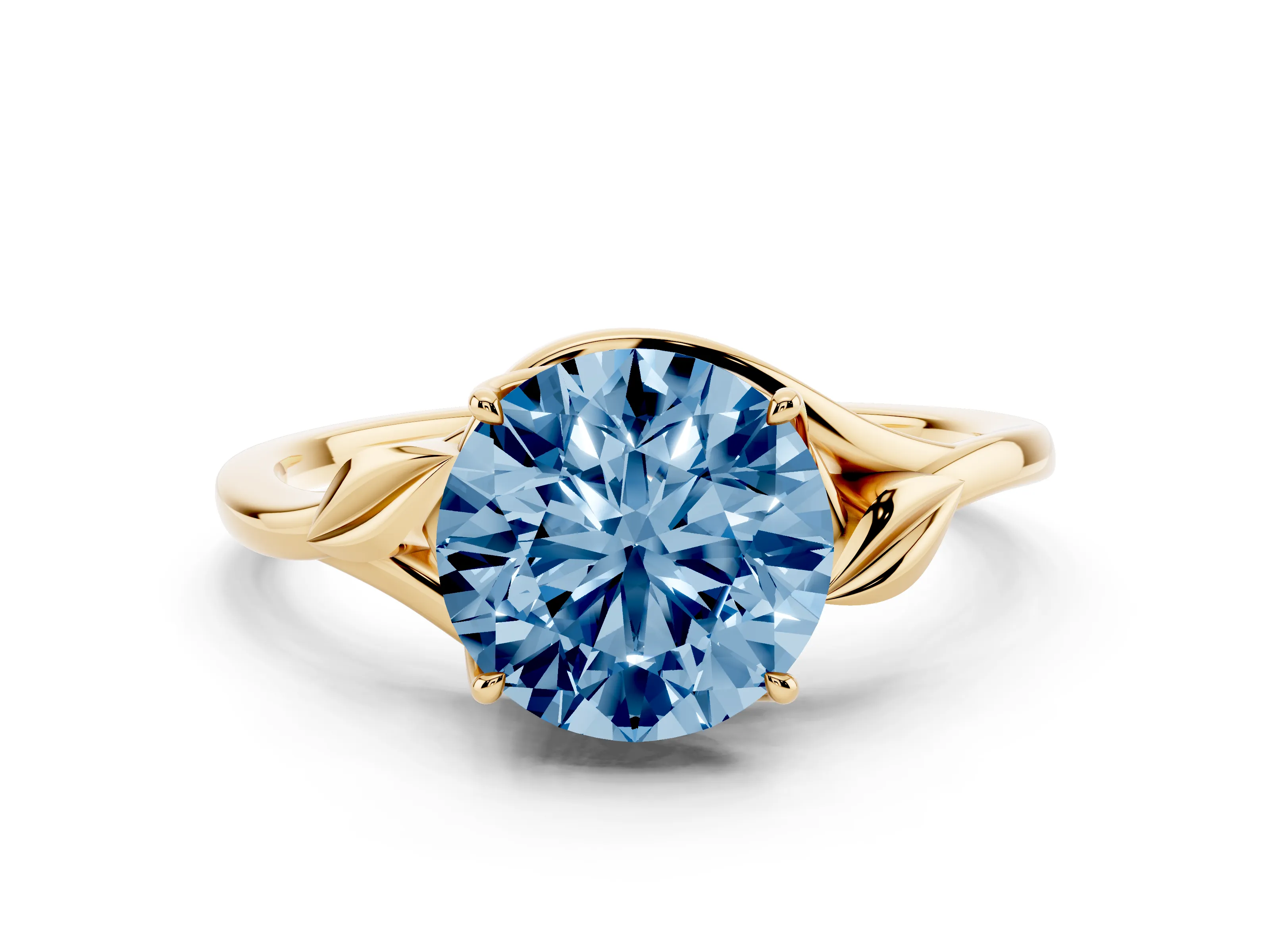 Fancy Blue Round Cut Diamond Solitaire Ring Set in Yellow gold with Polished Twist Band