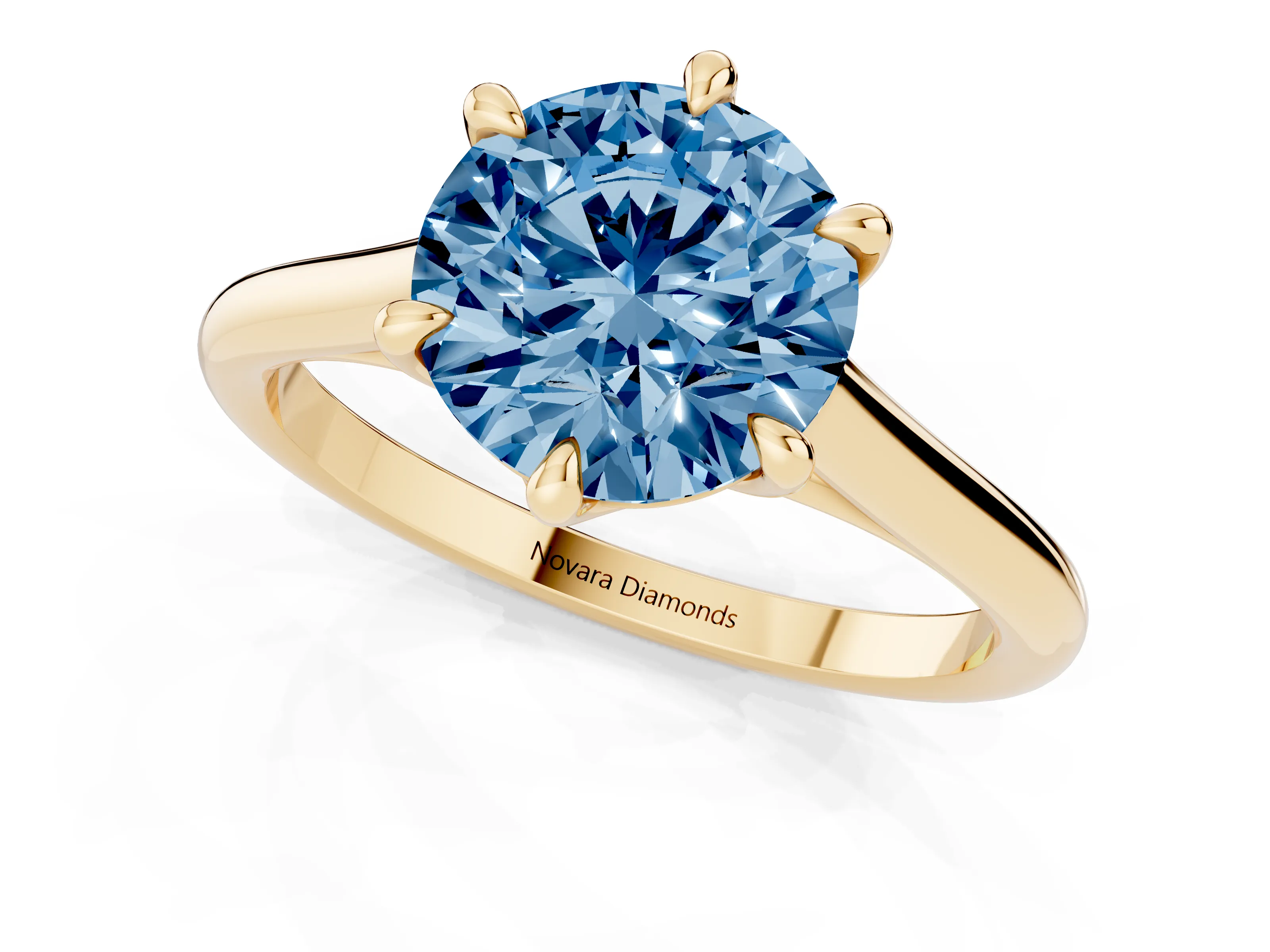 Fancy Blue Round Cut Diamond Solitaire Engagement Ring Set in Yellow gold with Prong Setting and Plain Classic Band
