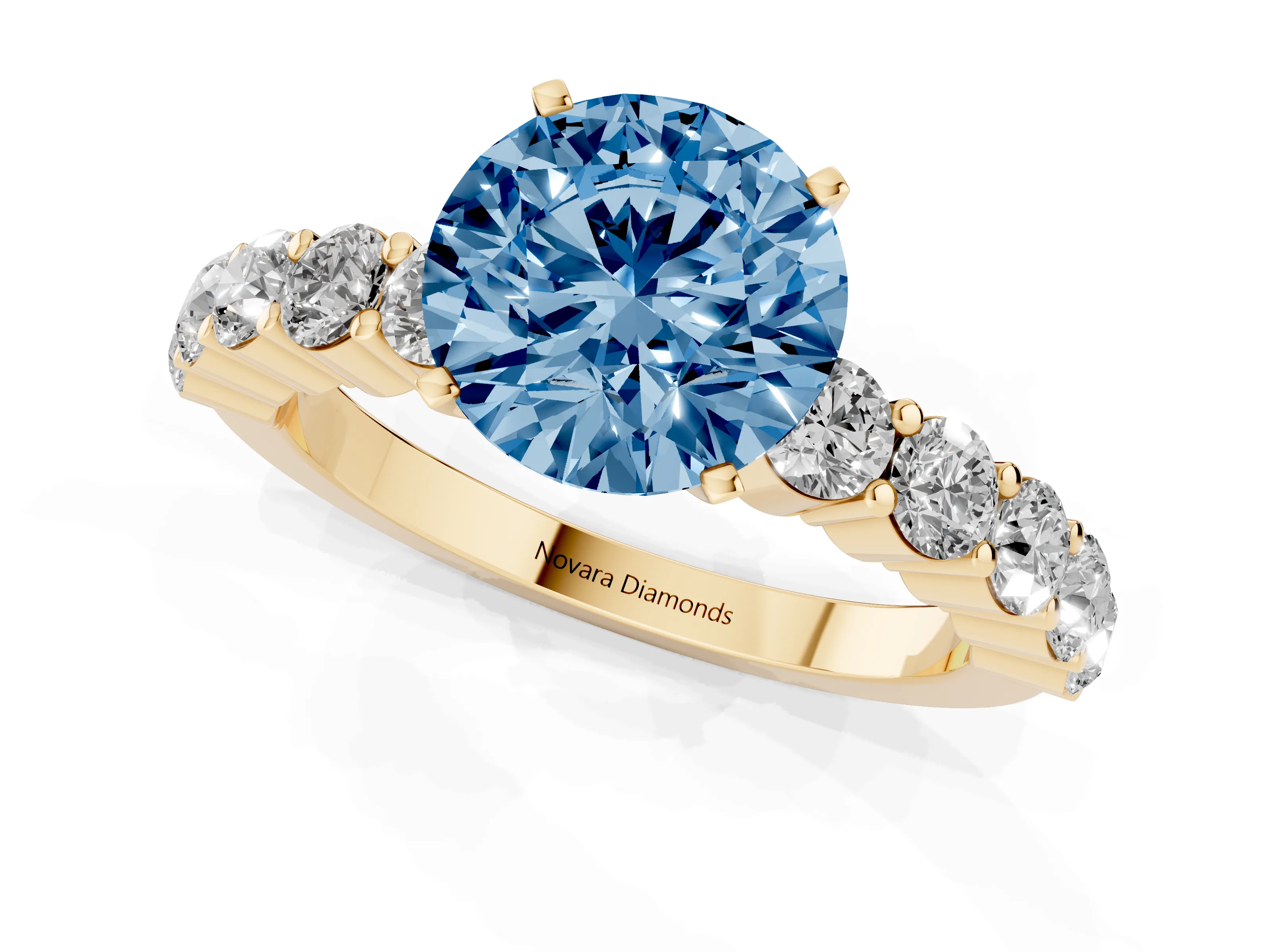 Fancy Blue Round Cut Diamond Solitaire Ring Set in Yellow gold with Shared Prong Round Side Stones