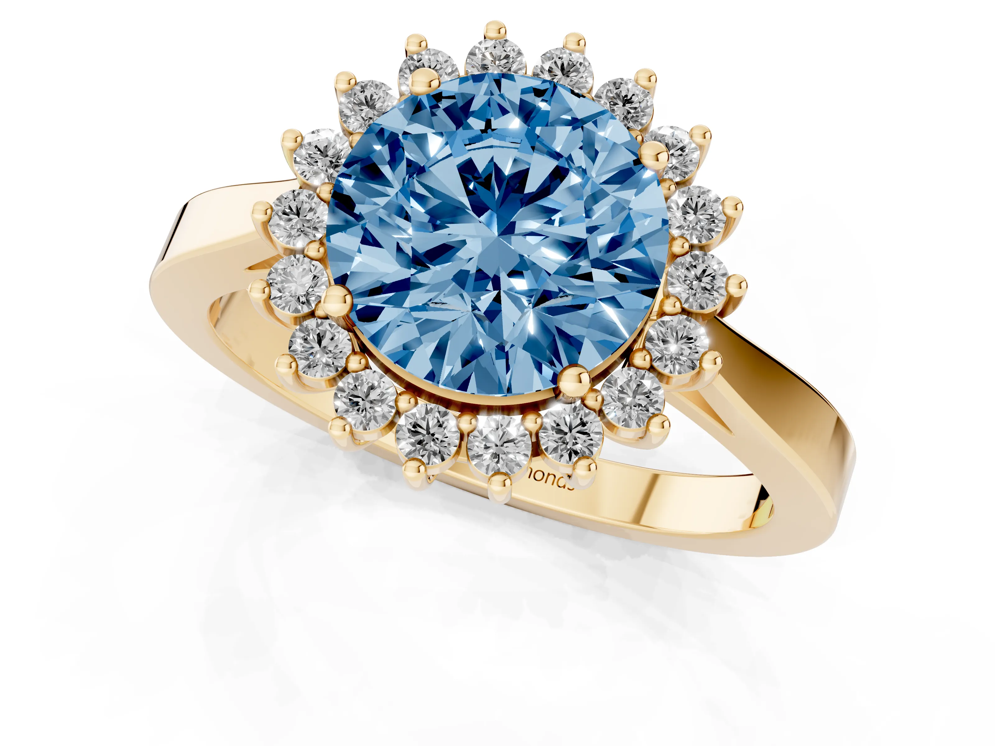 Fancy Blue Round Cut Diamond Halo Ring Set in Yellow gold with Round Halo and Smooth Solitaire Band