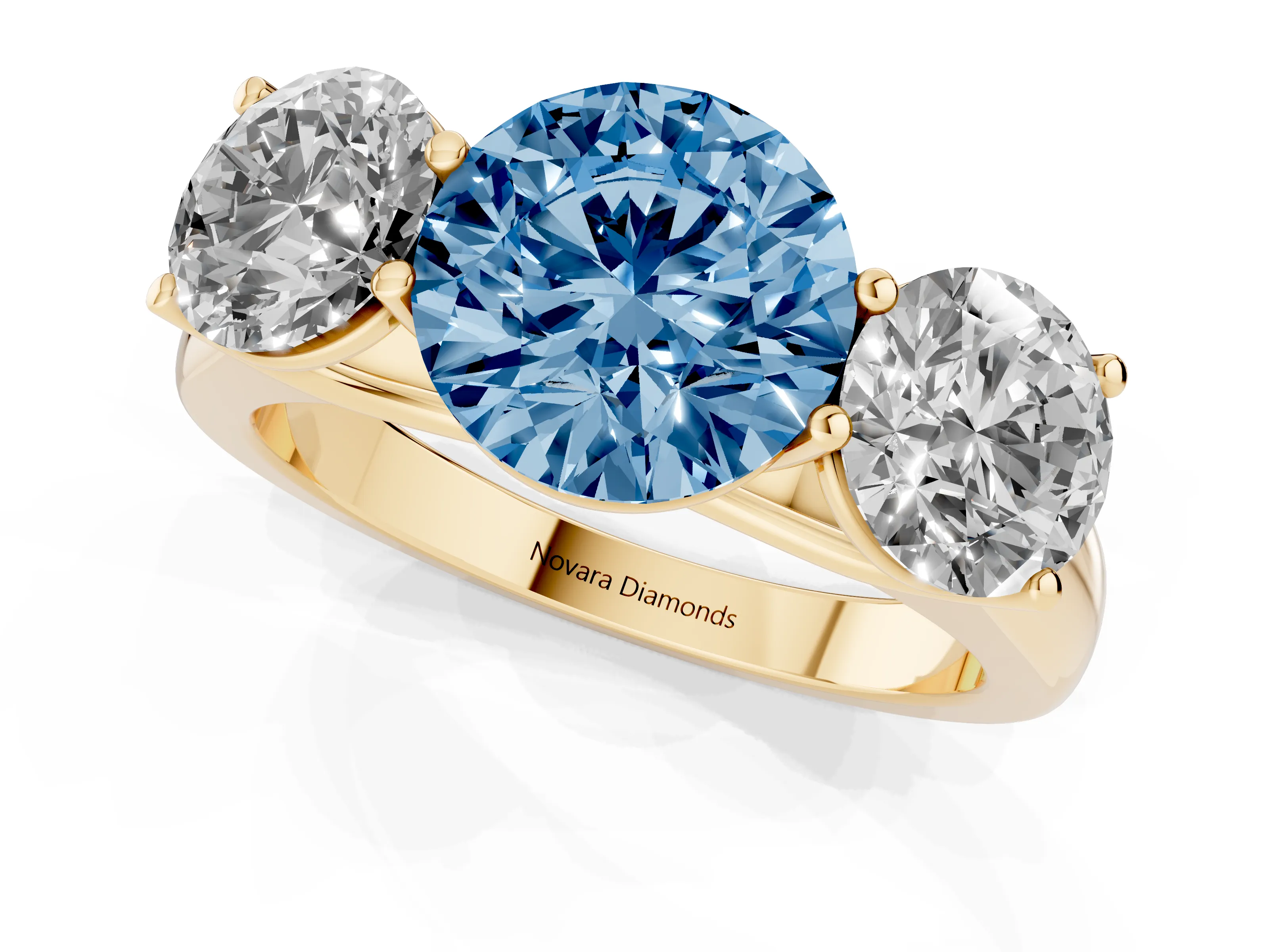 Fancy Blue Round Cut Diamond Three-Stone Ring Set in Yellow gold with Plain Polished Band