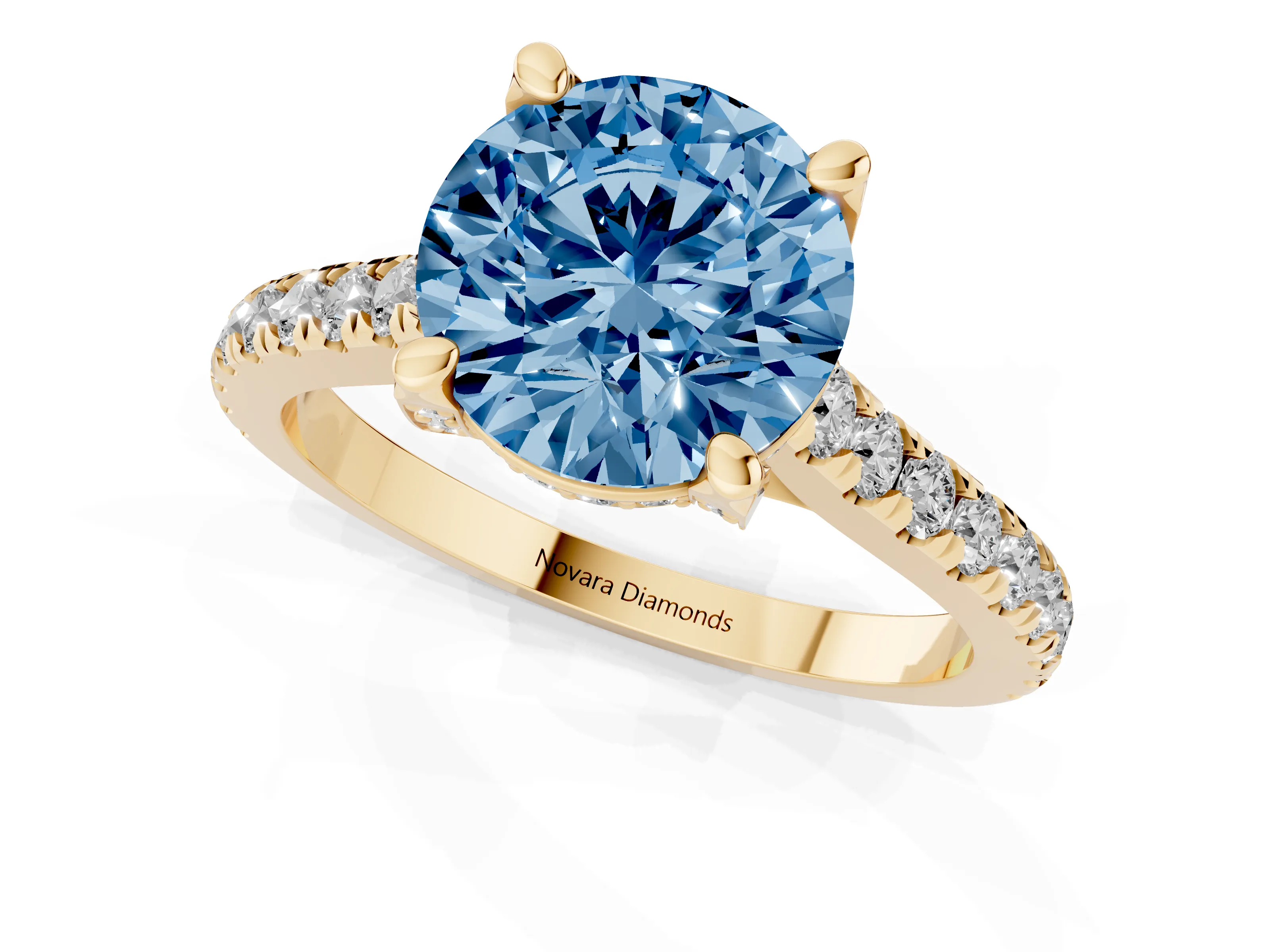 Fancy Blue Round Cut Diamond Solitaire Ring Set in Yellow gold with Brilliant Pavé Band and Prong Setting