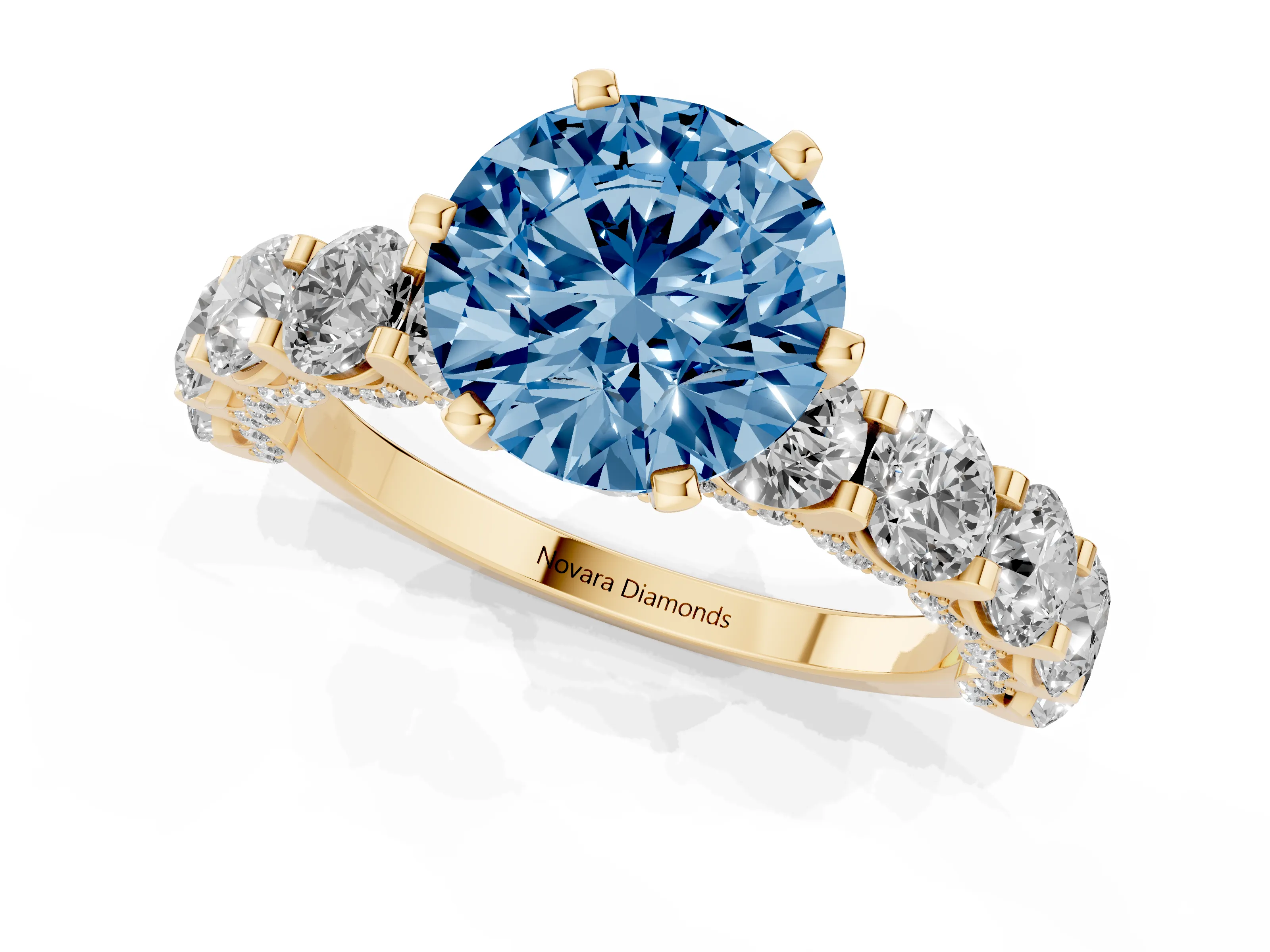Fancy Blue Round Cut Diamond Side Stone Ring Set in Yellow gold with Alternating Round and Oval Side Stones