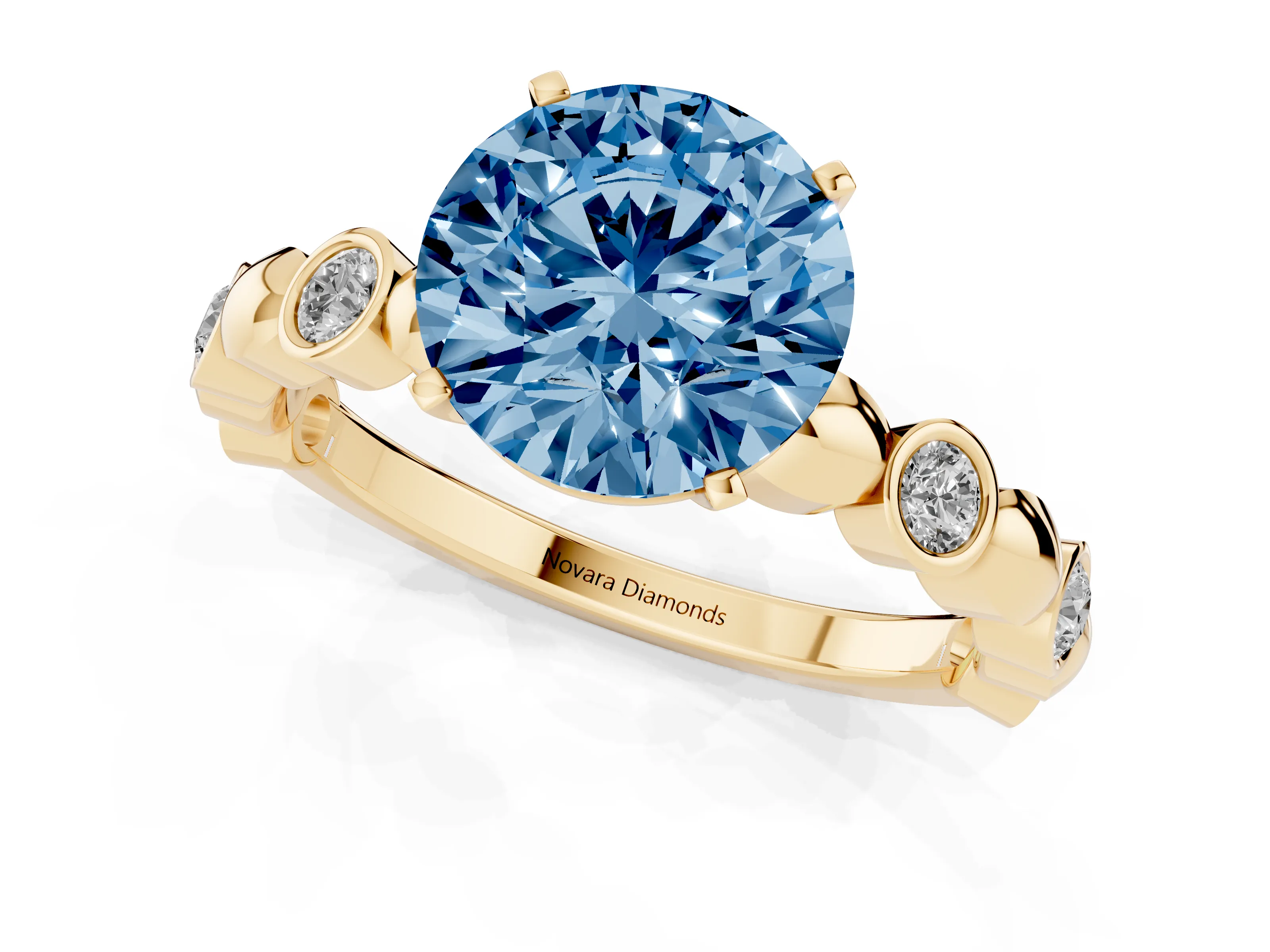 Fancy Blue Round Cut Diamond Solitaire Ring Set in Yellow gold with Bezel-Set Accents on Beaded Band and Prong Setting