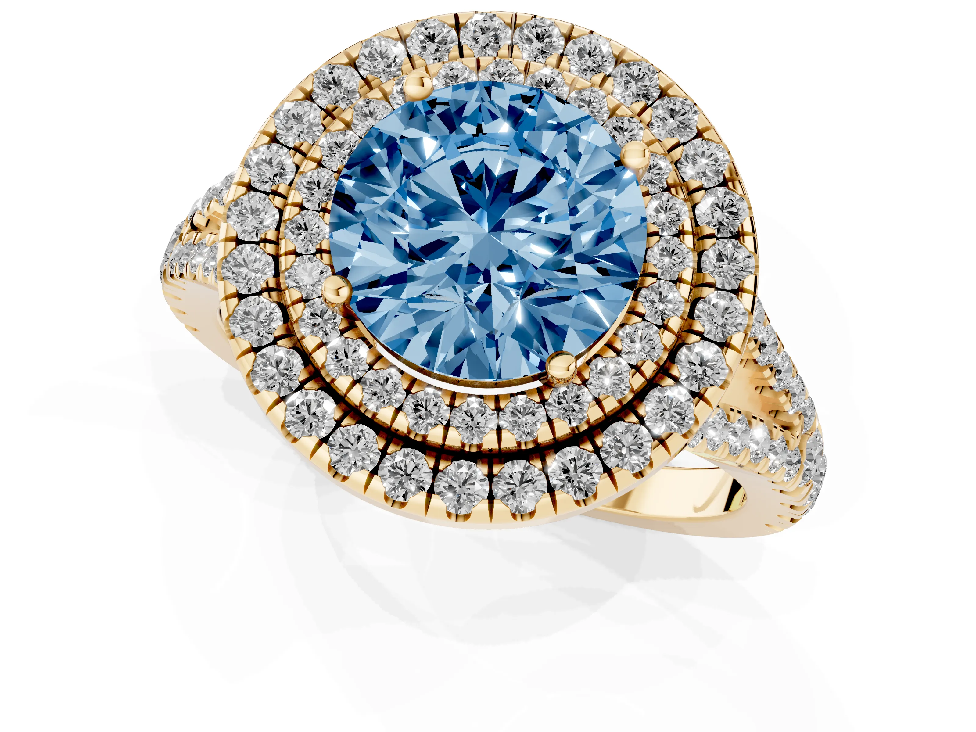 Fancy Blue Round Cut Diamond Double Halo Ring Set in Yellow gold with Pavé Band