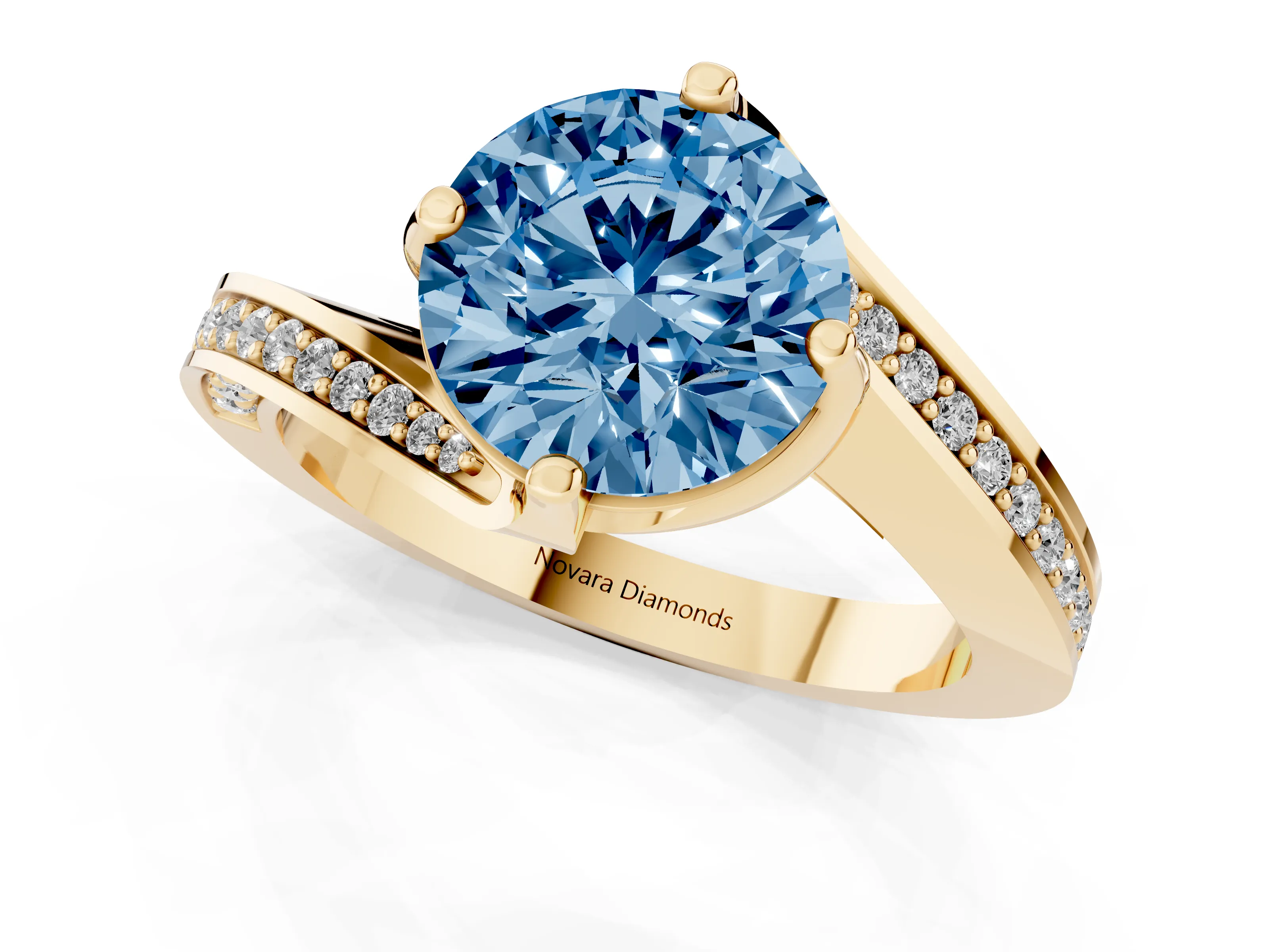 Fancy Blue Round Cut Diamond Solitaire Ring Set in Yellow gold with Intertwined Pavé Twist Band