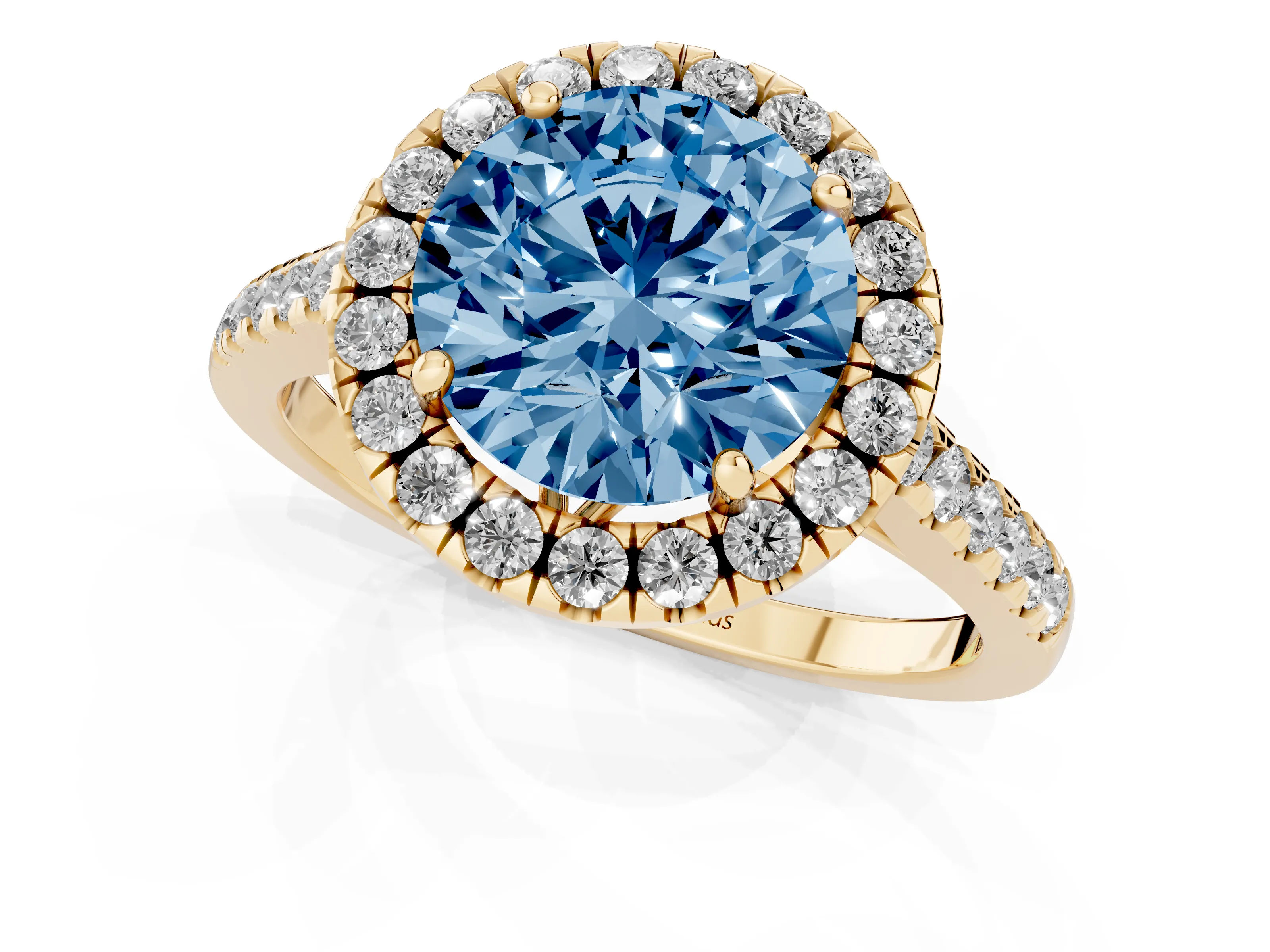 Fancy Blue Round Cut Diamond Pavé Halo Engagement Ring Set in Yellow gold with Pavé Band and Prong Setting