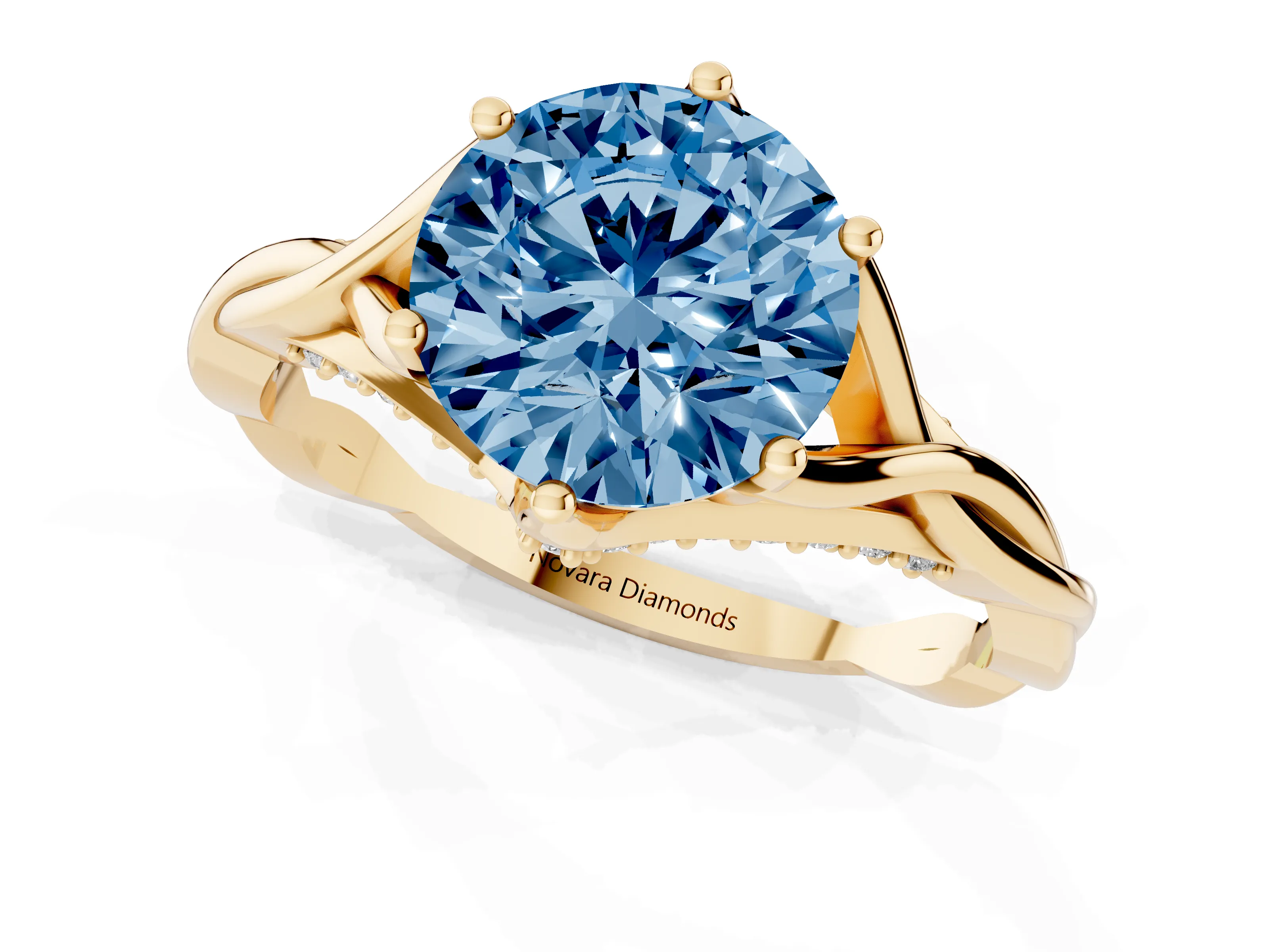 Fancy Blue Round Cut Diamond Intertwined Twist Band Solitaire Ring Set in Yellow gold with Prong Setting