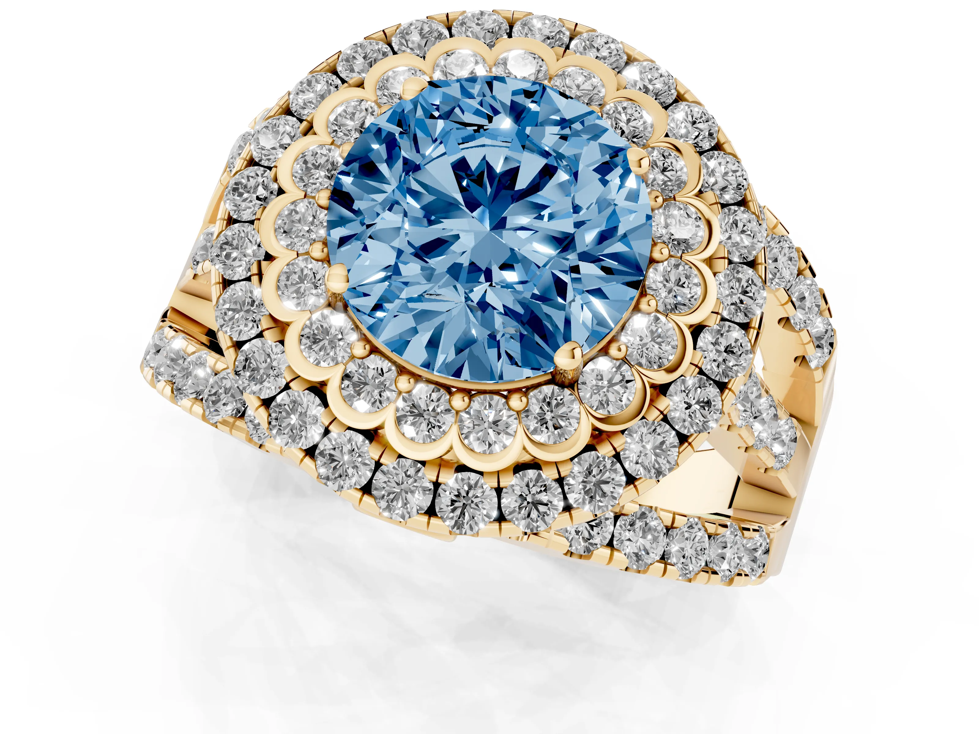 Fancy Blue Round Cut Diamond Double Halo Ring Set in Yellow gold with Round Pavé Split Shank