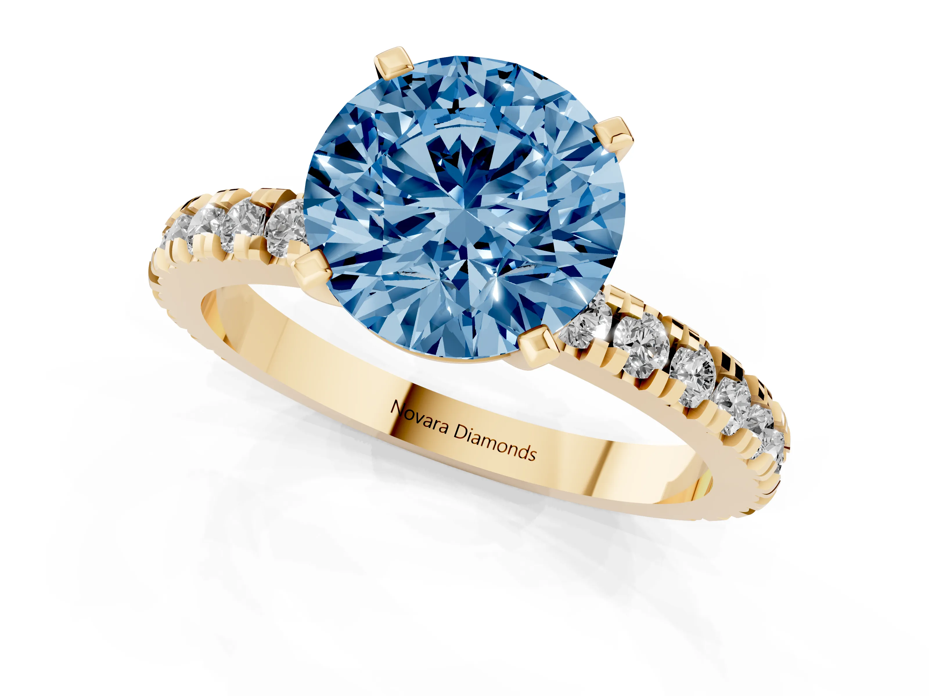 Fancy Blue Round Cut Diamond Pavé Band Solitaire Set in Yellow gold with Prong Setting