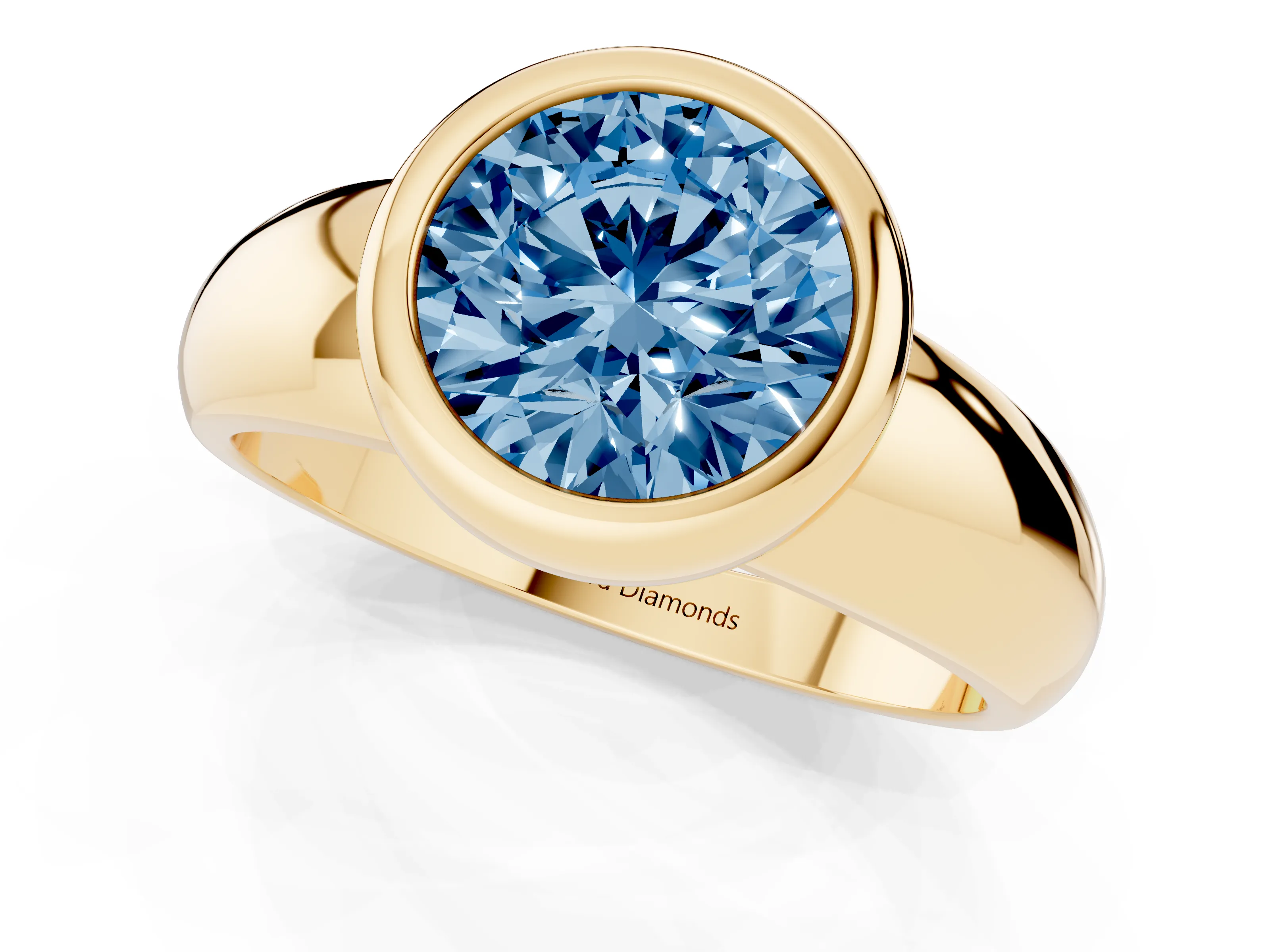 Fancy Blue Bezel Set Round Cut Diamond Solitaire Ring Set in Yellow gold with Wide Band