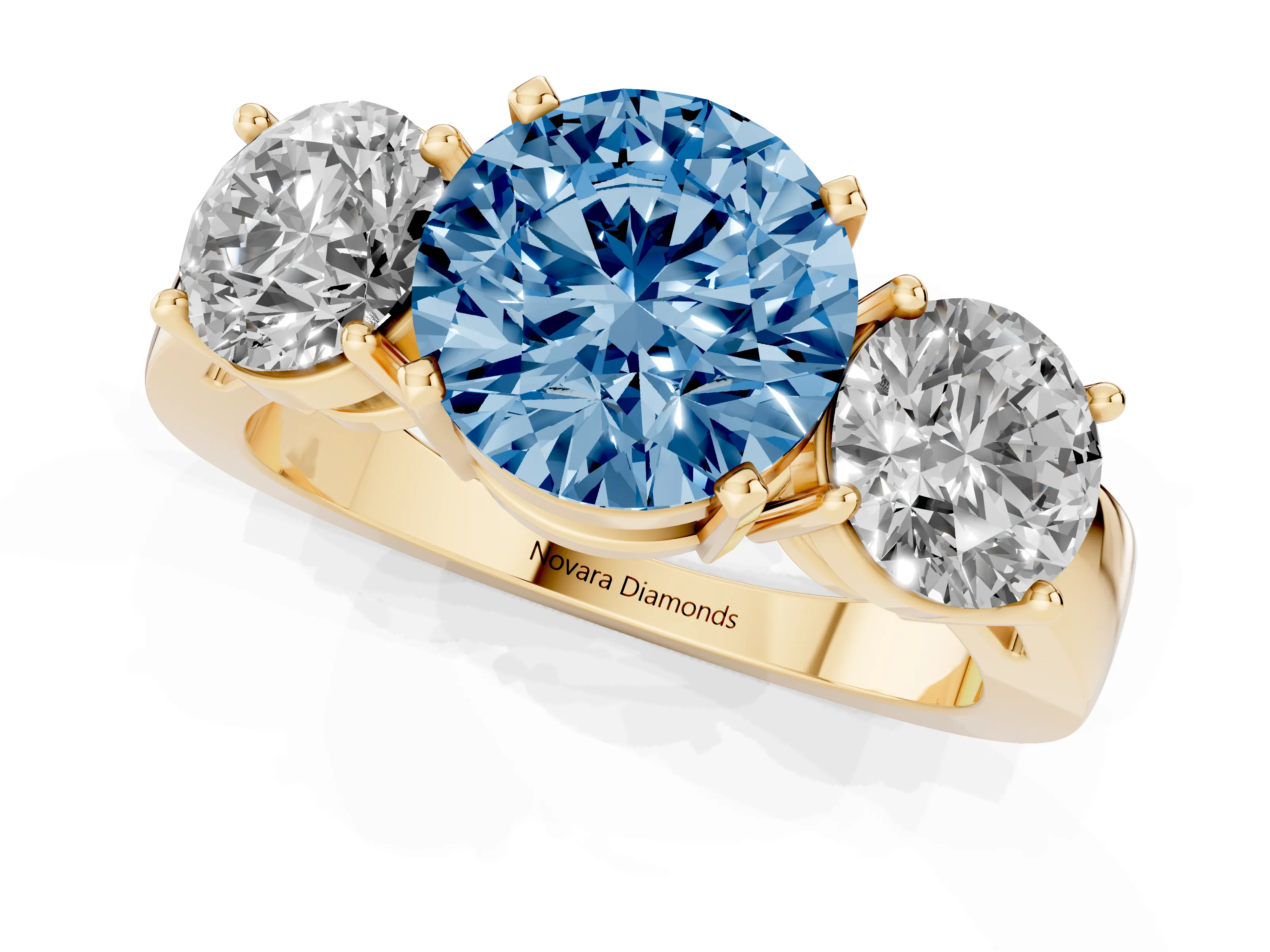 Fancy Blue Round Cut Diamond Three-Stone Ring Set in Yellow gold with Round Side Stones and Classic Band