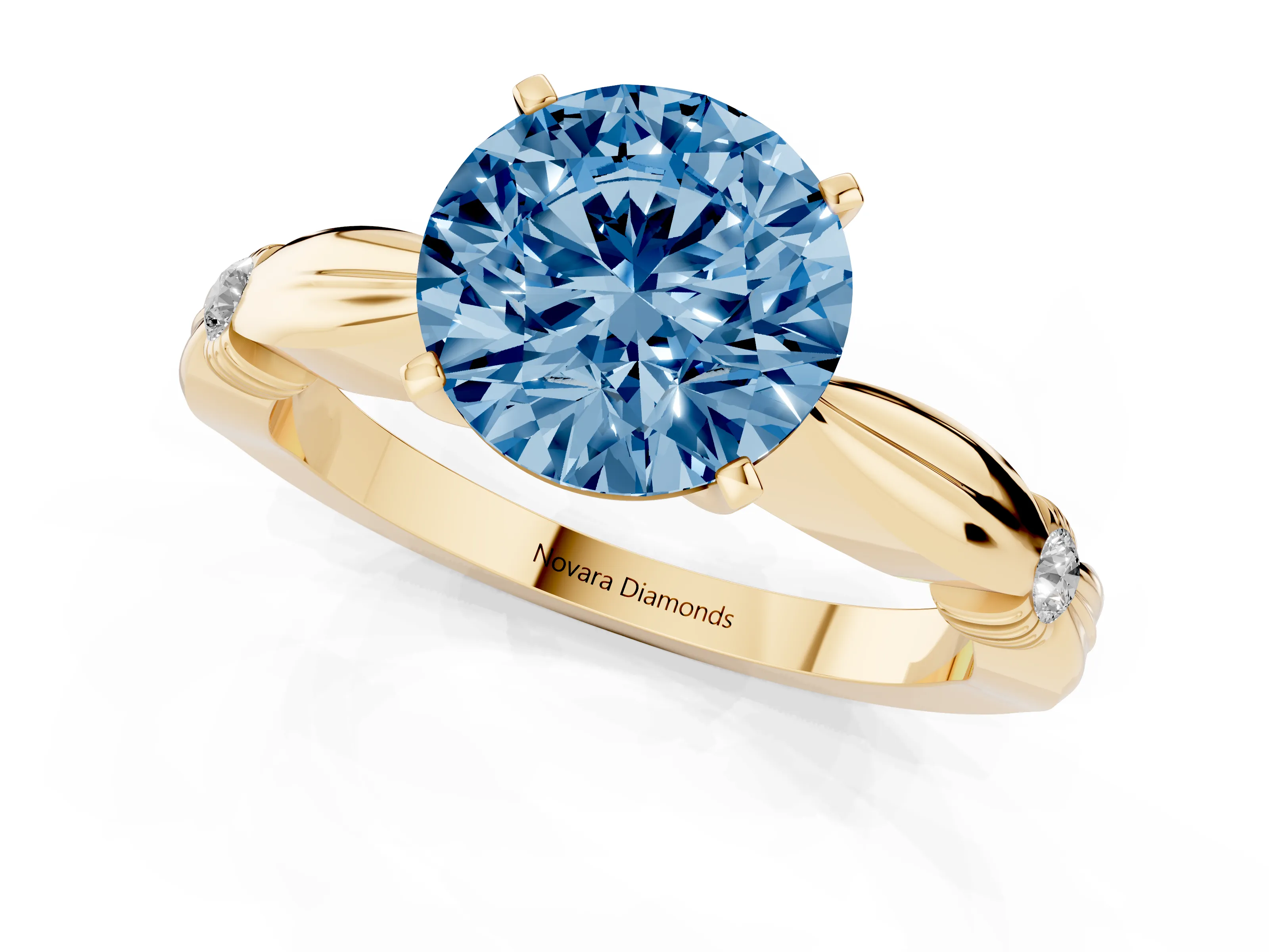 Fancy Blue Round Cut Diamond Solitaire Twisted Band Ring Set in Yellow gold with Accent Stones and Prong Setting
