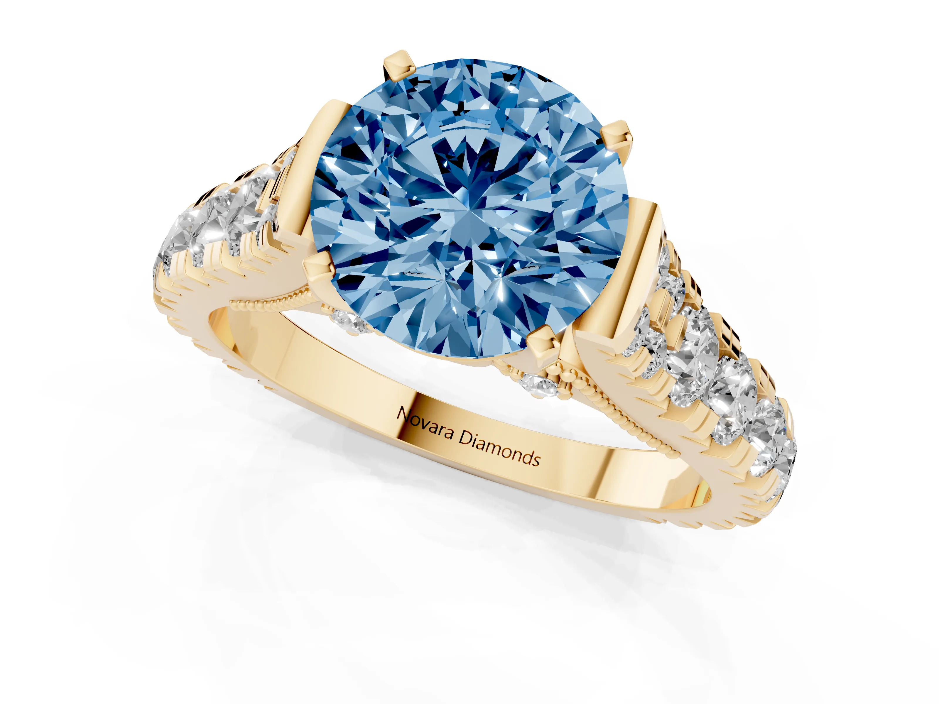 Fancy Blue Round Cut Diamond Classic Solitaire Ring Set in Yellow gold with Pavé Band and Prong Setting