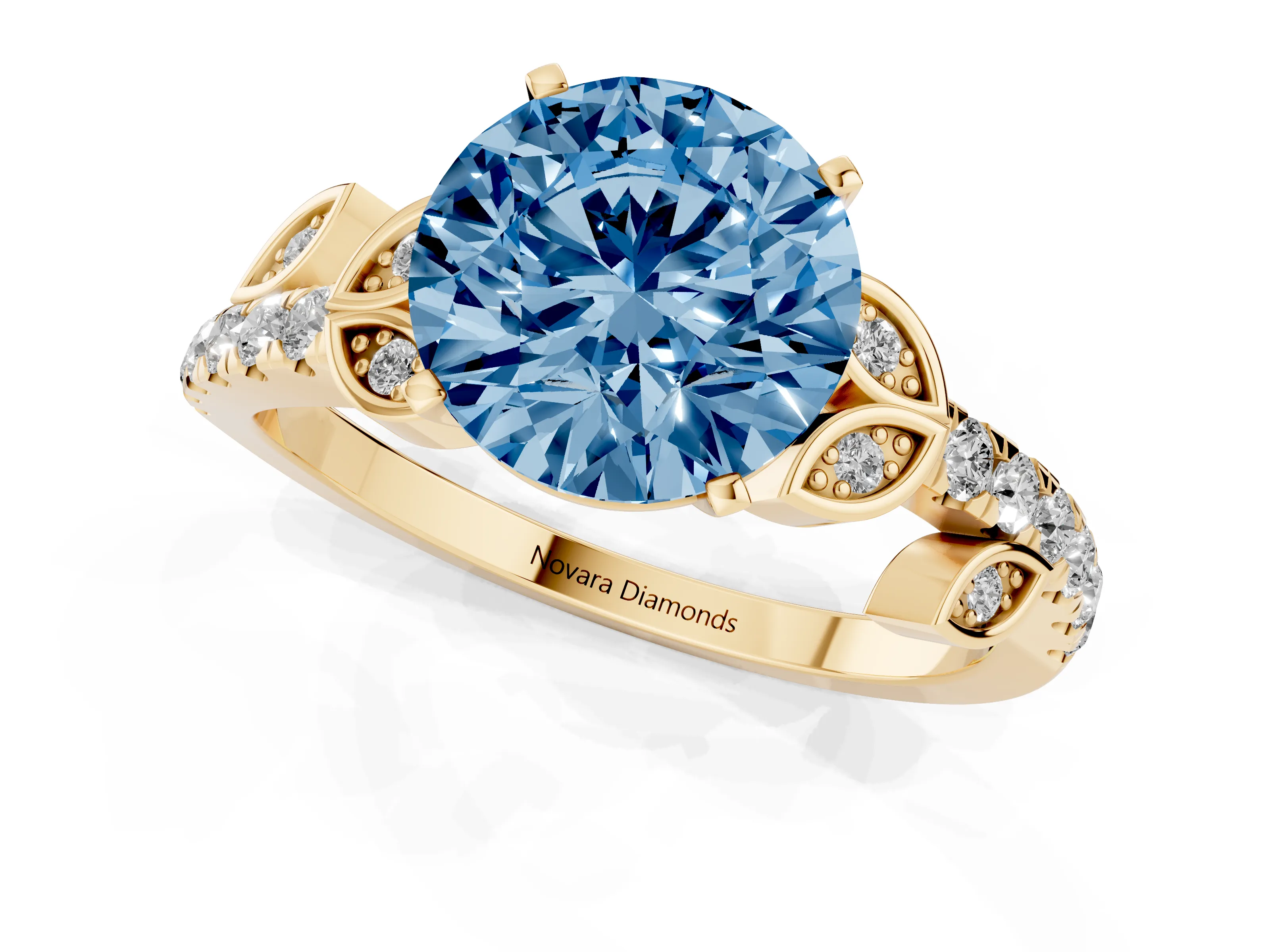 Fancy Blue Round Cut Diamond Solitaire Leaf-Inspired Ring Set in Yellow gold with Pavé Band and Prong Setting