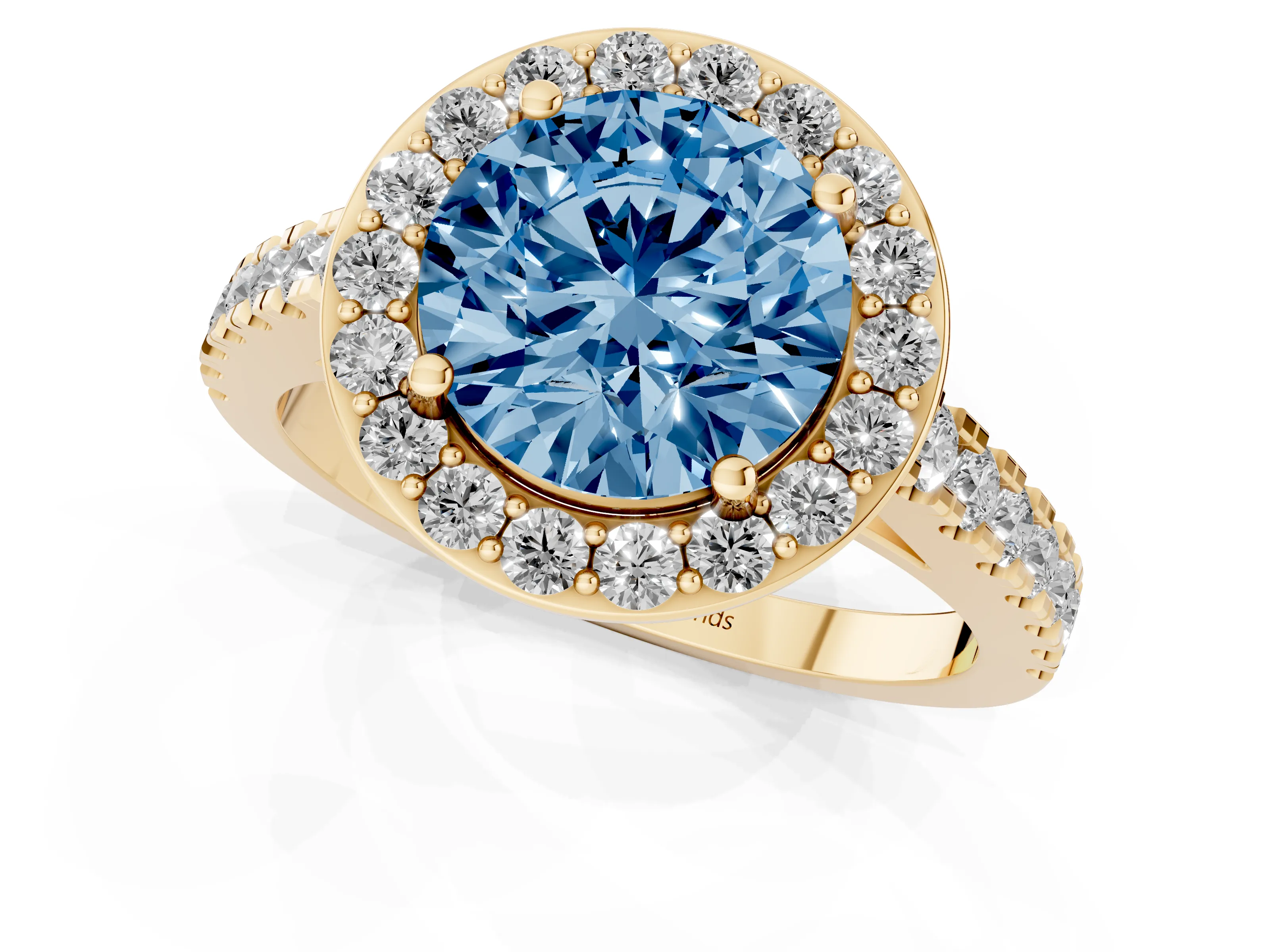Fancy Blue Round Cut Diamond Halo Ring Set in Yellow gold with Round Pavé Split Shank and Prong Setting
