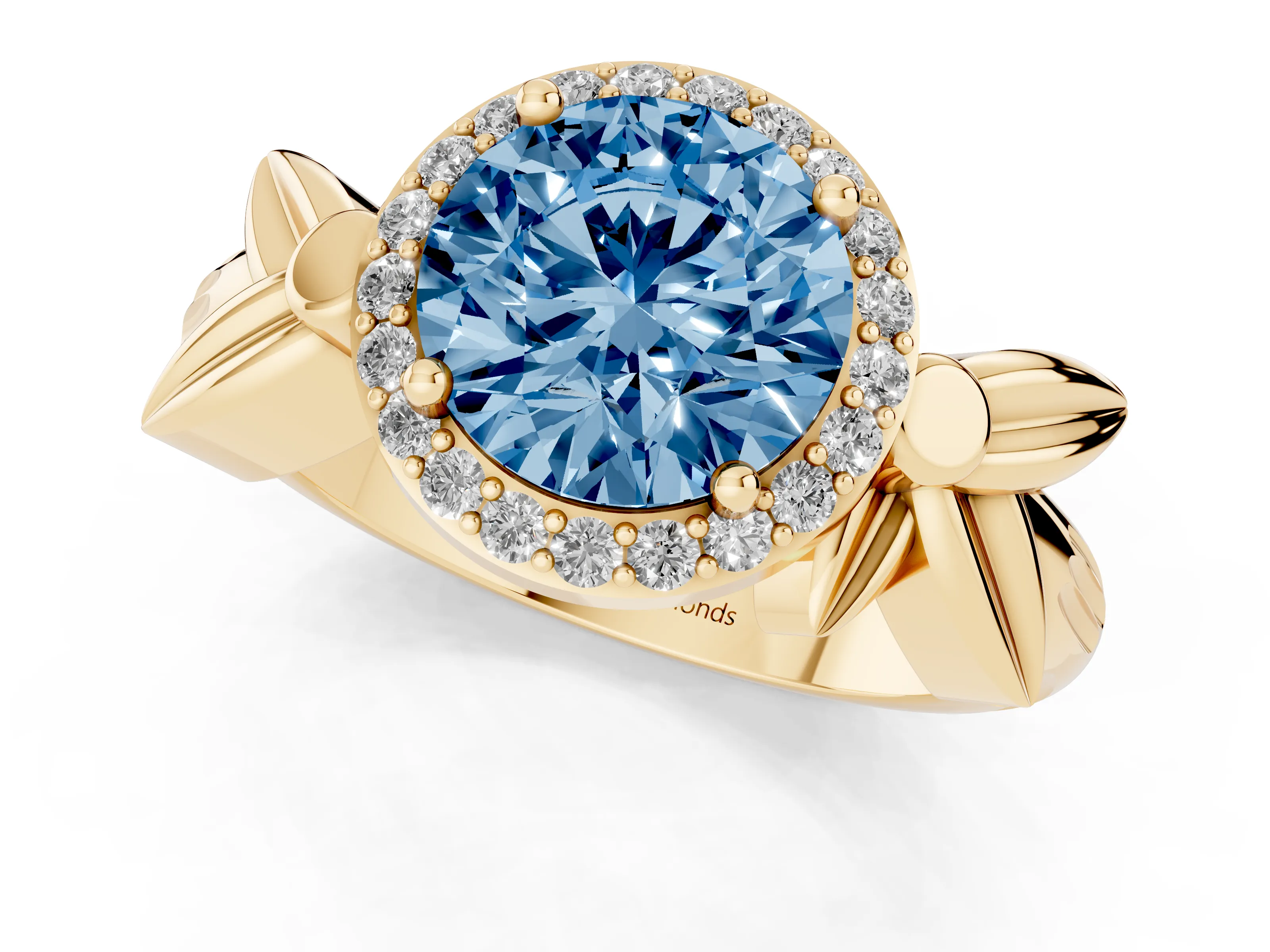 Fancy Blue Round Cut Diamond Halo Floral Band Ring Set in Yellow gold with Prong Setting