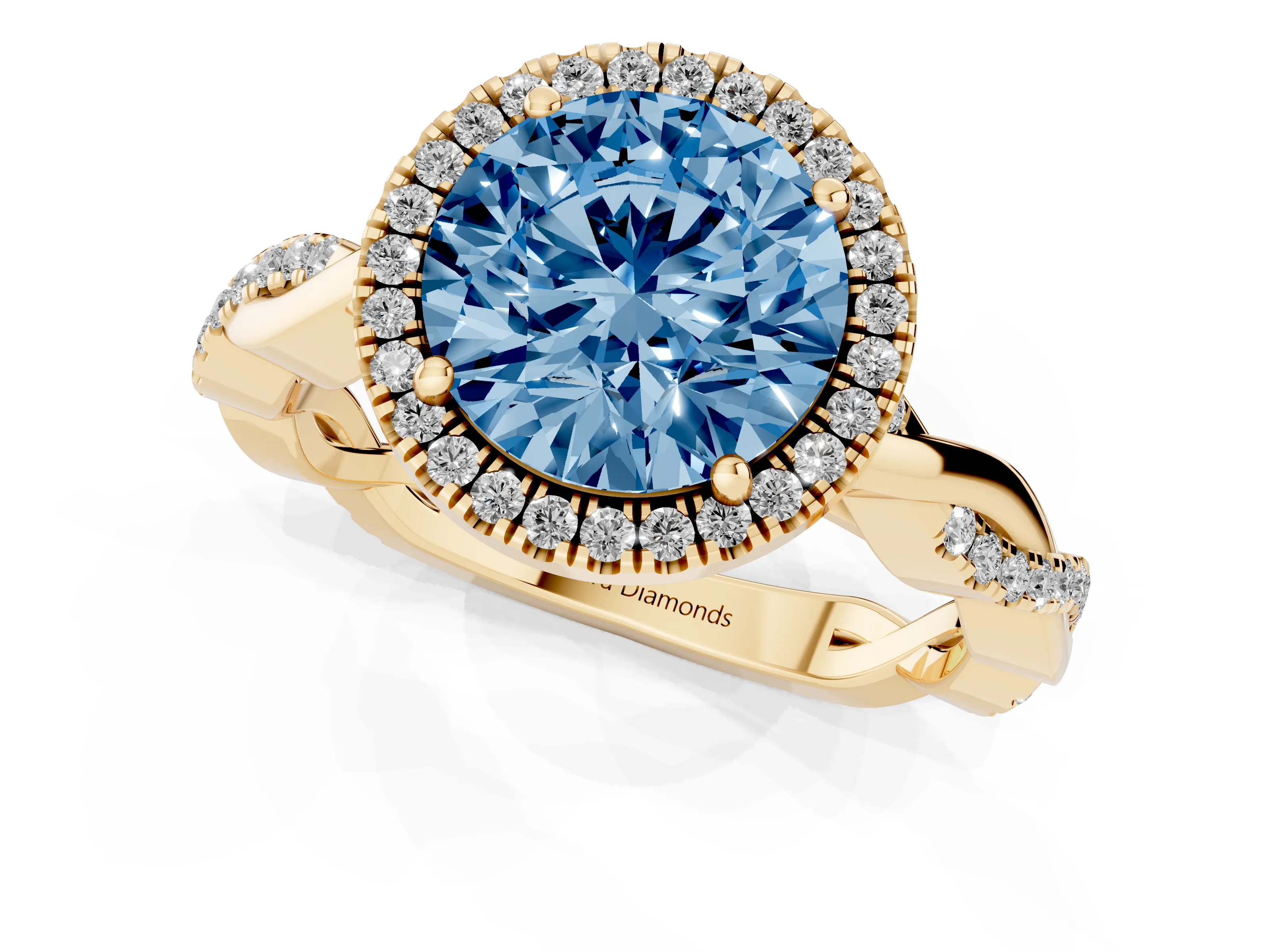 Fancy Blue Round Cut Diamond Halo Twisted Band Ring Set in Yellow gold with Prong Setting