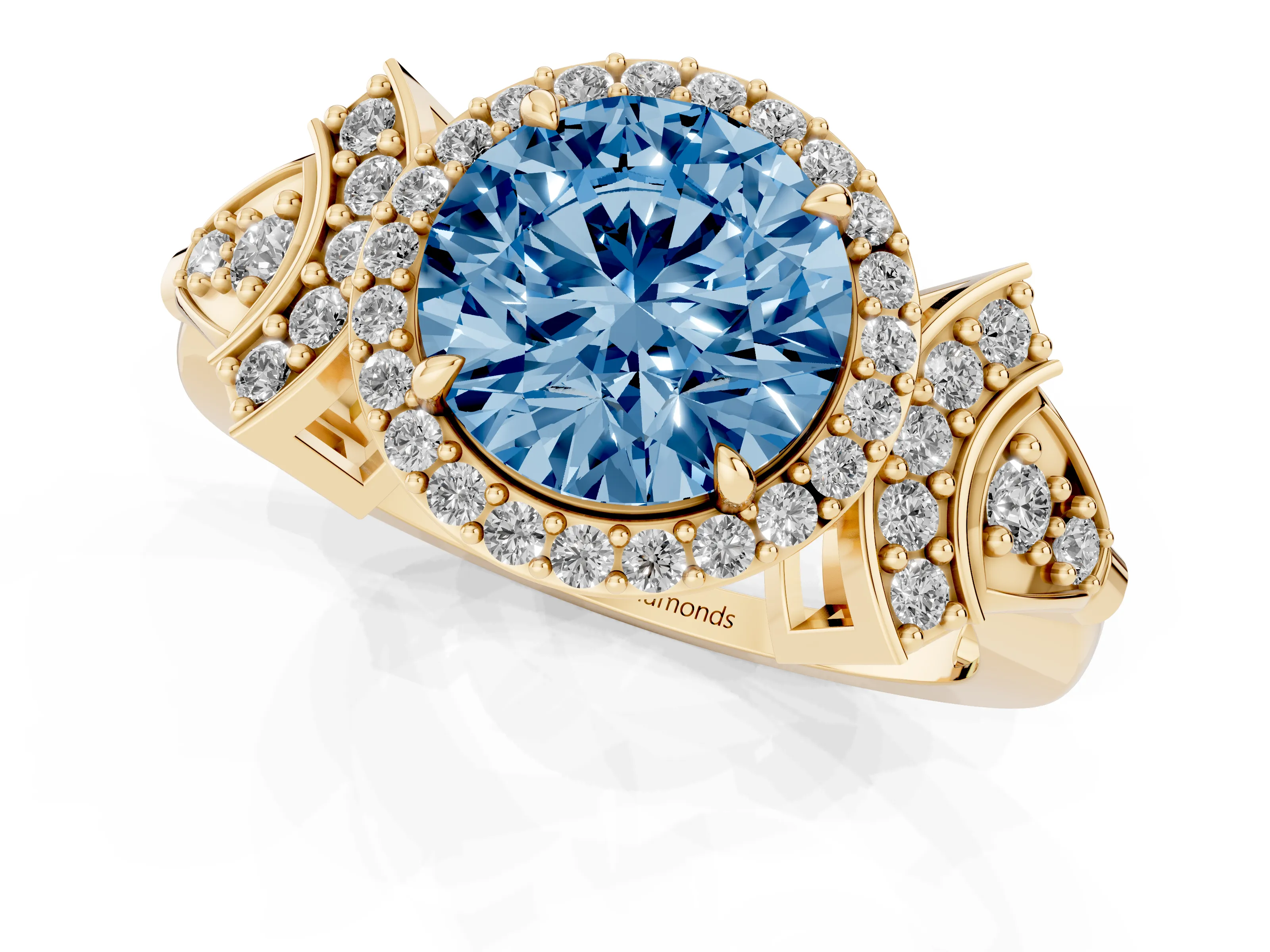 Fancy Blue Round Cut Diamond Halo Engagement Ring Set in Yellow gold with Accent Stone Split Shank