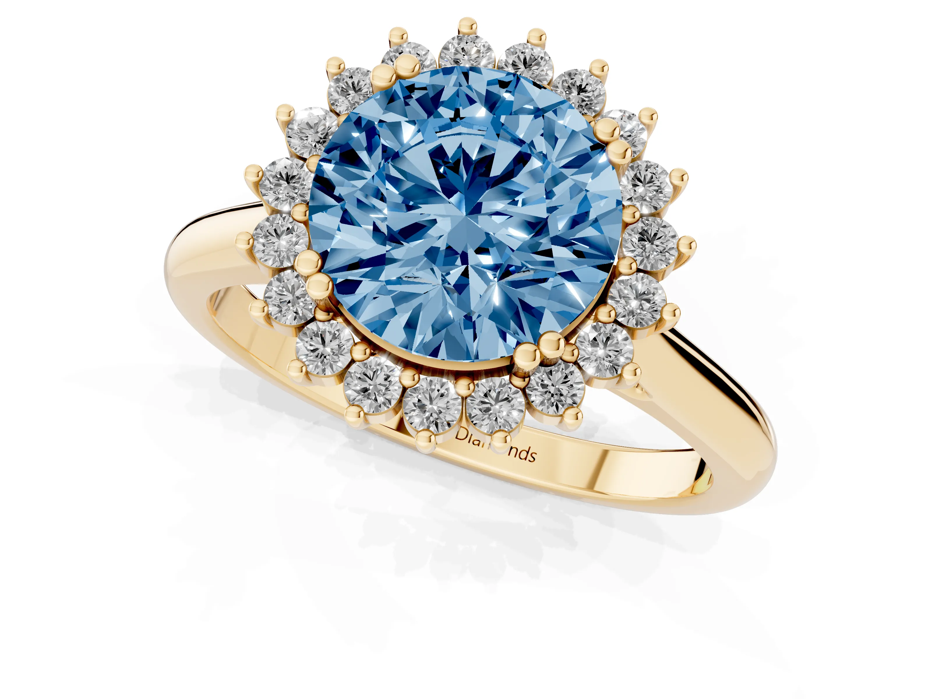 Fancy Blue Round Cut Diamond Halo Ring Set in Yellow gold with Plain Solitaire Band and Prong Setting