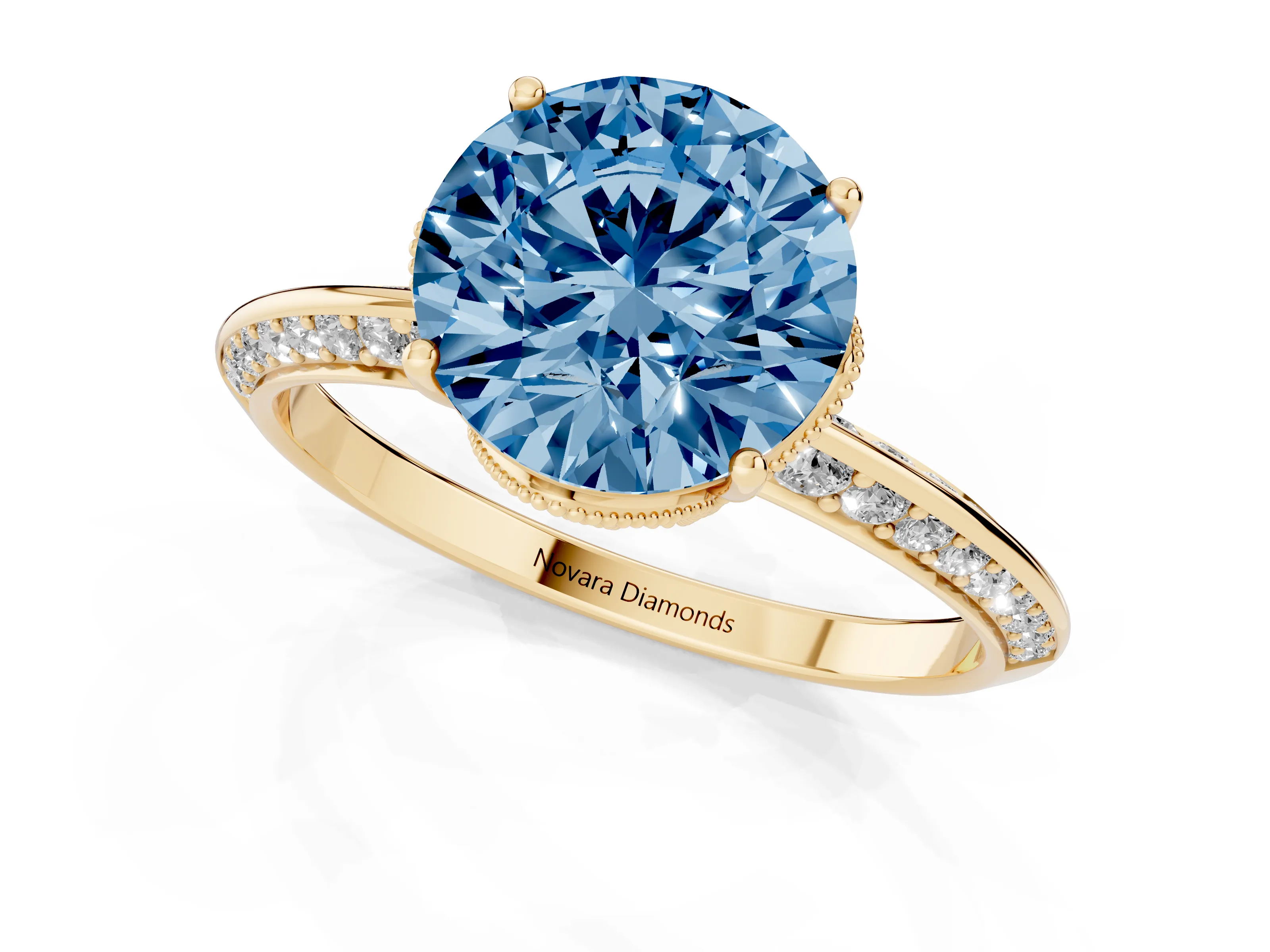 Fancy Blue Round Cut Diamond Solitaire Engagement Ring Set in Yellow gold with Pavé Split Shank and Prong Setting