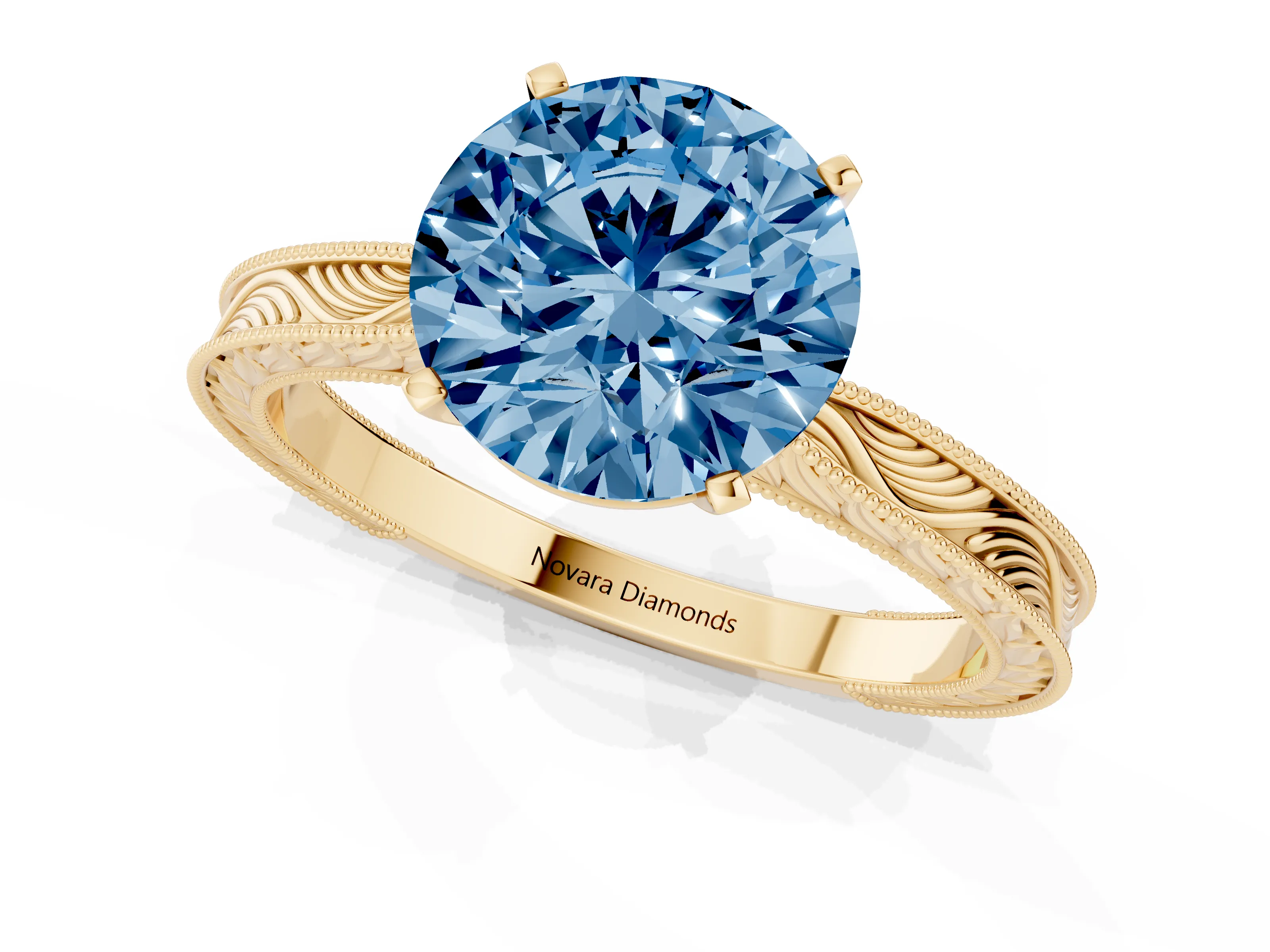 Fancy Blue Round Cut Diamond Solitaire Milgrain Engraved Band Set in Yellow gold with Prong Setting