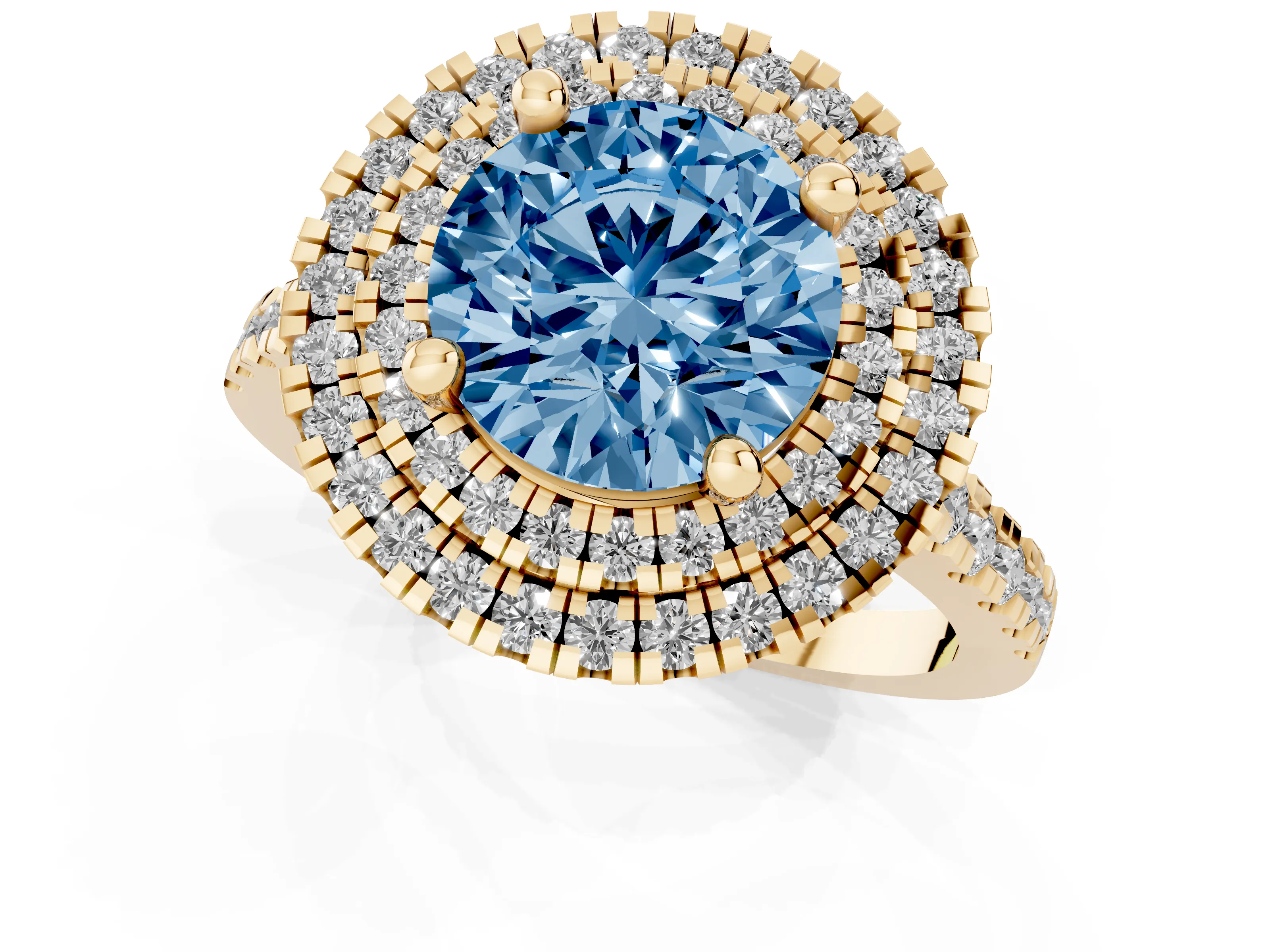 Fancy Blue Round Cut Diamond Double Halo Statement Ring Set in Yellow gold with Pavé Band
